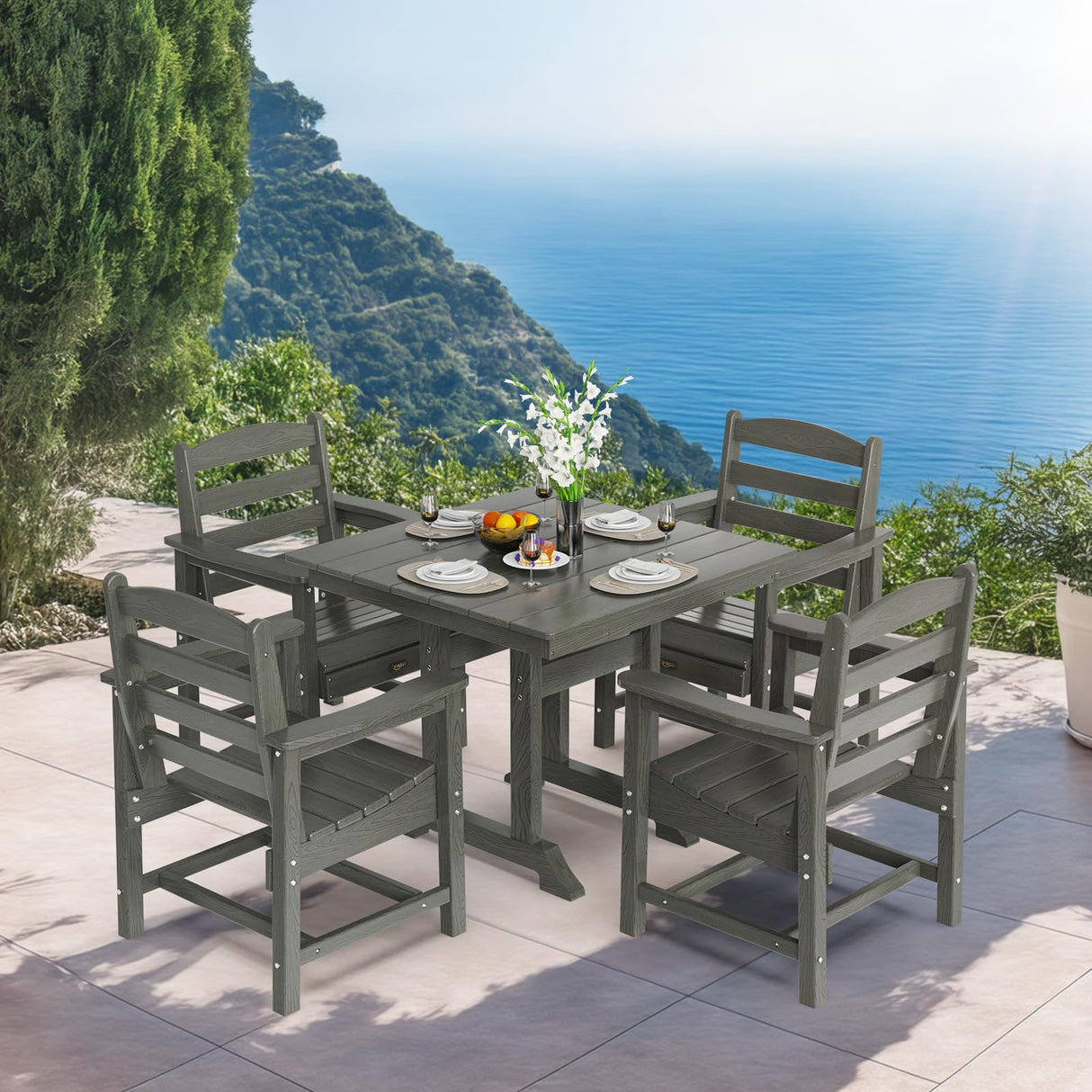 VINGLI 5-Piece Outdoor Patio Dining Set, Outdoor Table and Chairs Set w/Umbrella Hole, HDPE Weather-Resistant Square Table w/ 4 Ergonomic Patio Chairs for Garden, Backyard, Poolside(Grey, Square) VINGLI