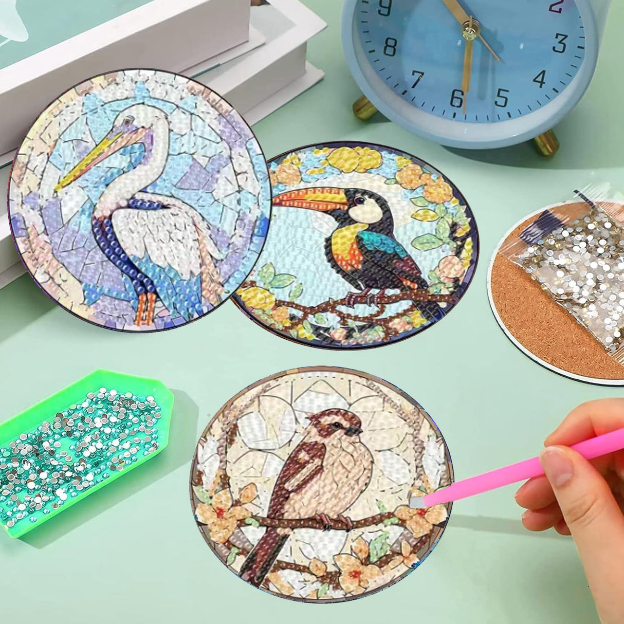 croshom 8 PCS Birds Diamond Art Coasters Diamond Painting Coasters Kits with Holder, Birds DIY Coasters for Adult Beginners, Diamond Art Crafts Supplies croshom