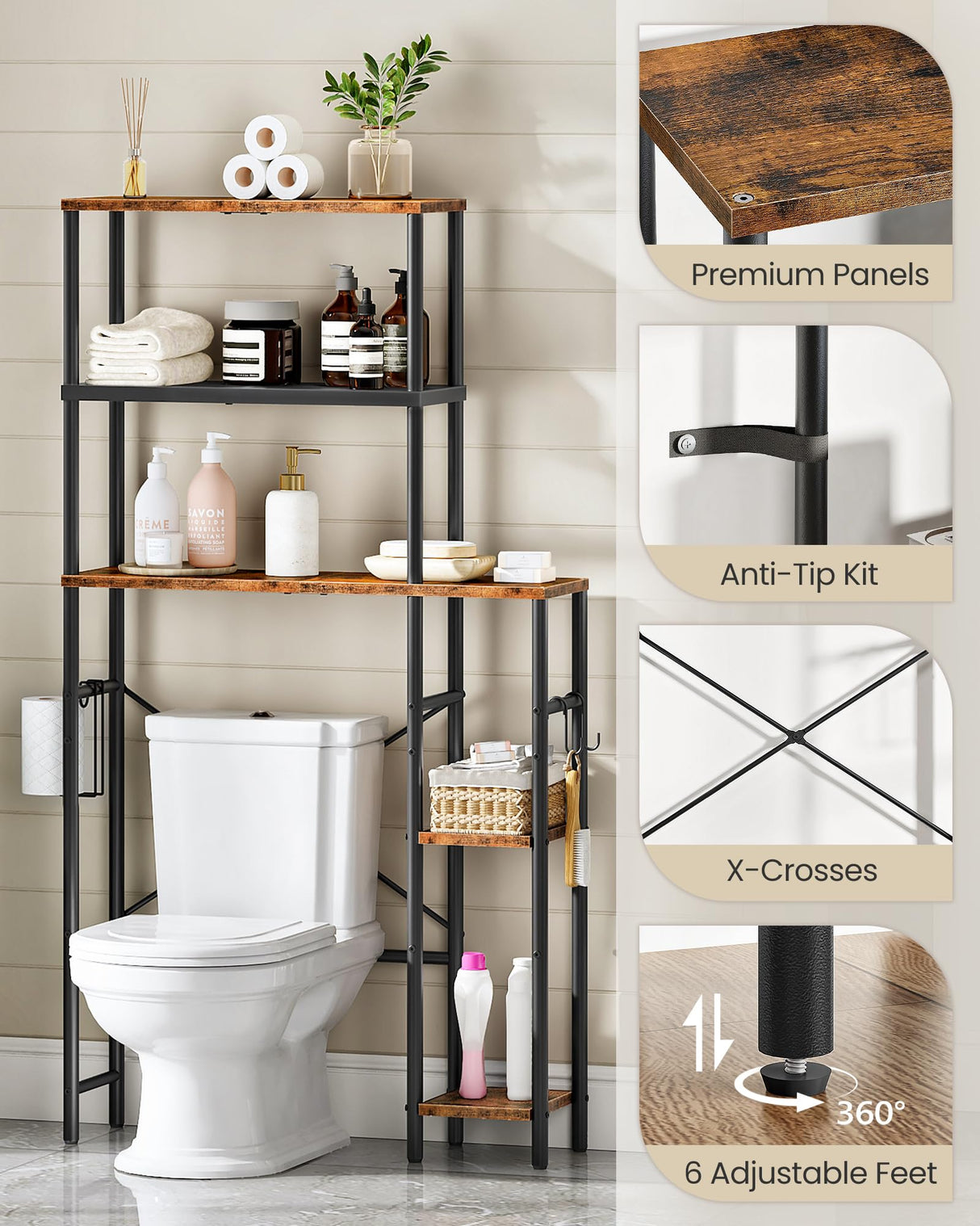 CHOEZON Over The Toilet Storage, 6-Tier Bathroom Organizer Shelf, Over-Toilet Storage Cabinet with Toilet Paper Hook, Space Saving, for Bathroom, Laundry, Entryway, Rustic Brown and Black TTS02BF CHOEZON