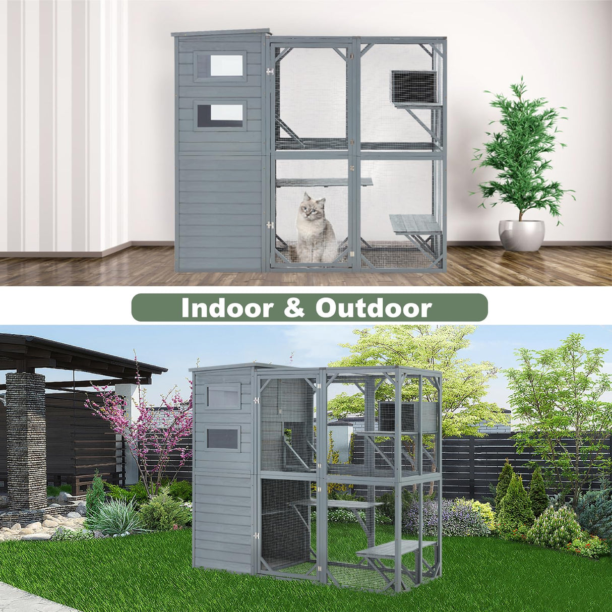 MXSUNH Large Outdoor Cat Catio Pine Weatherproof Cat Enclosure with 3 Resting Boxes, 3 Platforms,5 Windows,70" H*32" W*77" L,Gery MXSUNH