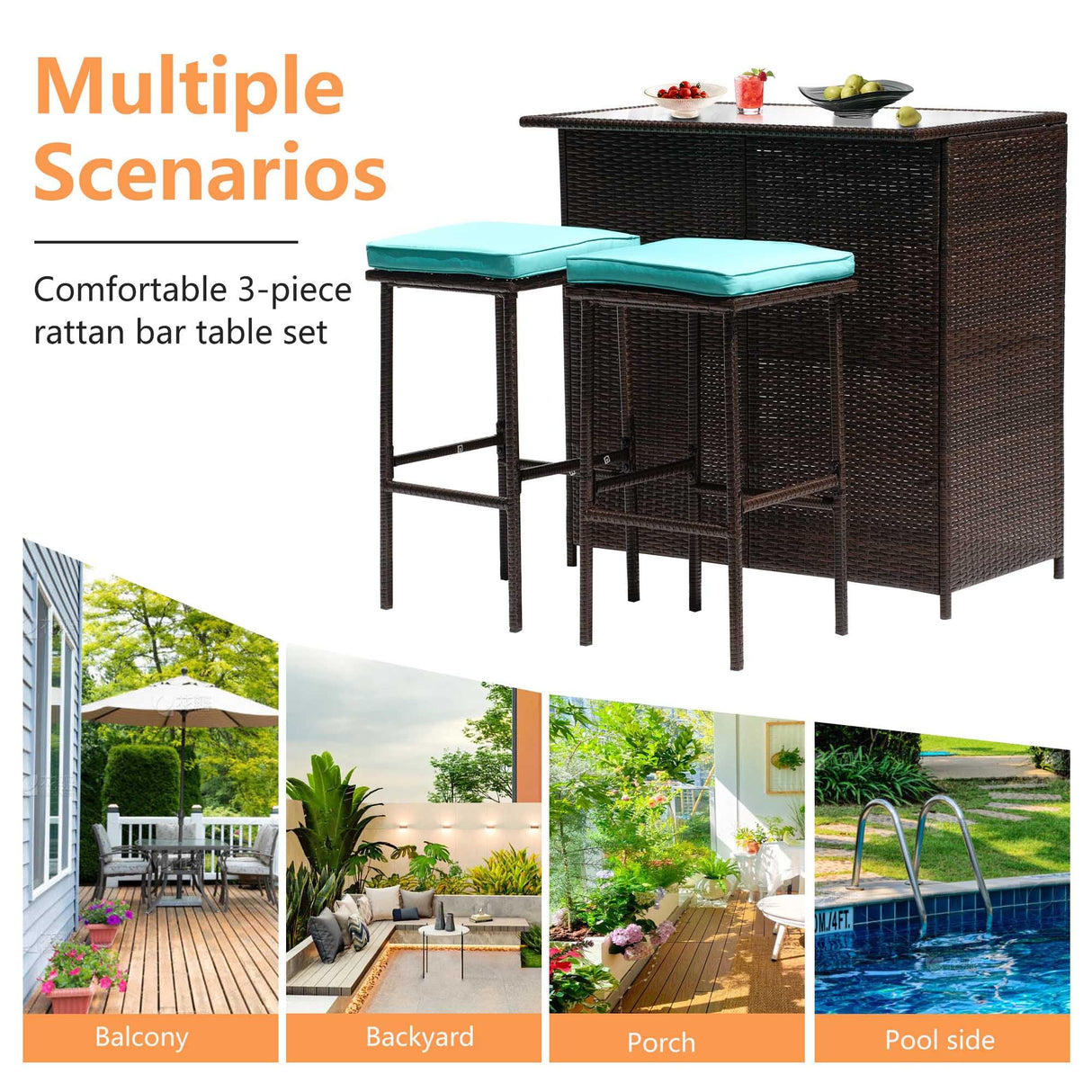Set Of 3 Outdoor Bar Set Patio Wicker Counter Height Table Set Sturdy Frame Rattan Bar Table with Glass Table Top Storage Shelves 2 Bar Stools for Patio Poolside Porch Outdoor Indoor, Blue PayLessHere