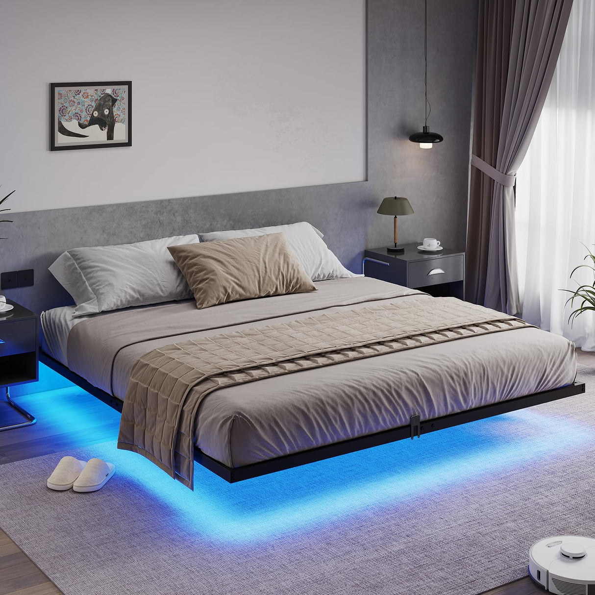Hasuit King Size Floating Bed Frame with LED Lights - Modern Metal Platform Design, No Box Spring Required, Easy Assembly Hasuit