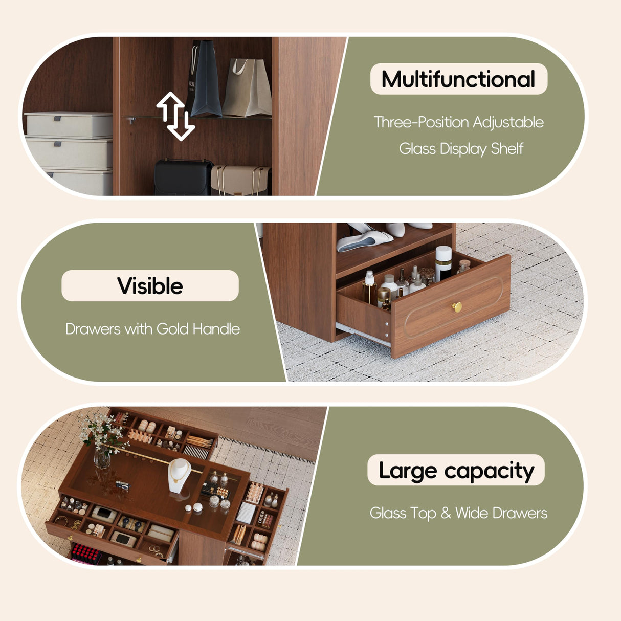 Eailaveo Closet Island with 6 Drawers,Bedroom Wardrobe Island with Glass Display Top and Open Shelves,Jewelry Storage Vanity with Compartments,Walk-in Closet Island for Cloakroom (Walnut/Closet) Eailaveo
