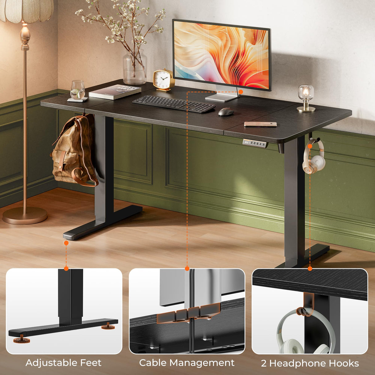 Huuger 55 x 28 Large Electric Standing Desk, Height Adjustable Computer Desk, 27.6" Deep Desktop, Stand up Gaming Office Table with 2 Hooks, 3 Preset Heights, for Home Office, Black Huuger