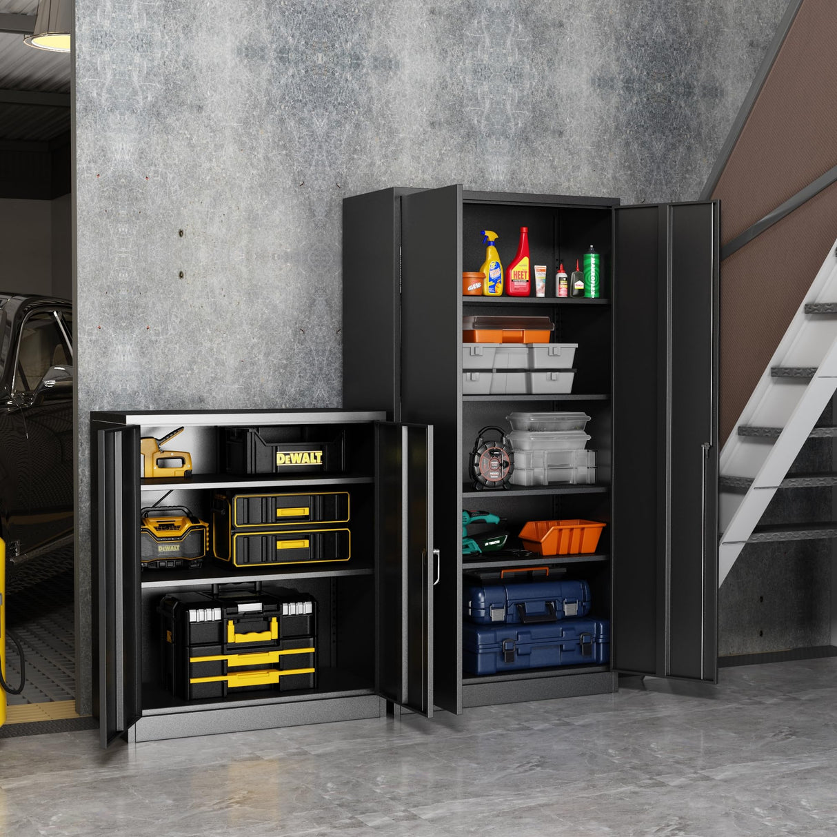 Waqiv Black Metal Storage Cabinet with Door, Locking Steel Cabinet with 4 Adjuestable Shelves, Tall Lockable Garage Tool Storage Cabinet for Home, Waqiv