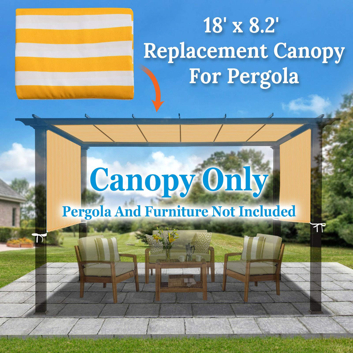 BenefitUSA 18' x 8.2' Universal Replacement Canopy Top Cover for Pergola Structure (Yellow with White) BenefitUSA