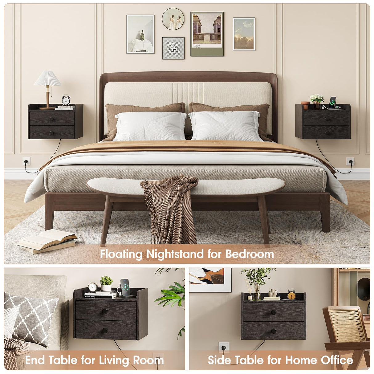 Vabches Floating Nightstand Set of 2 with 2 Storage Drawers and Charging Station Wood Wall Mounted Bedside End Table Modern Night Stands Set 2 for Bedroom,Living Room,Home Office,Small Space,Black Vabches