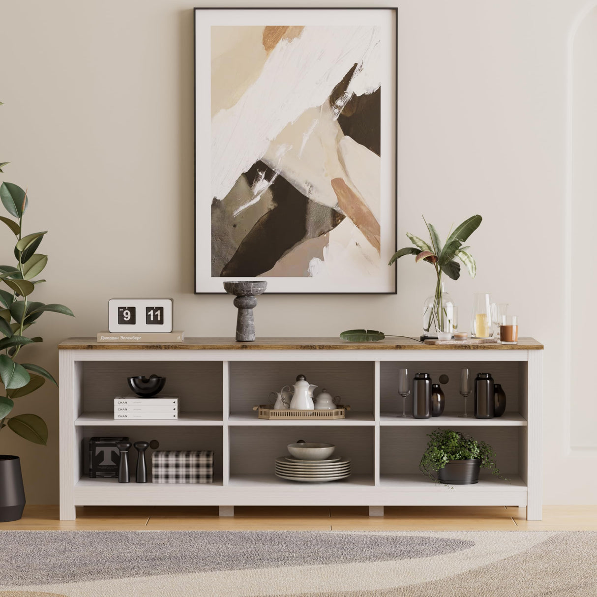 BVIUNTWO White TV Stand for TVs up to 75 Inch,Entertainment Center for 65+ inch TV Console Table with 6 Storage Cubby, Classic Television Stands for Living Room Bedroom, 70 Inch BVIUNTWO