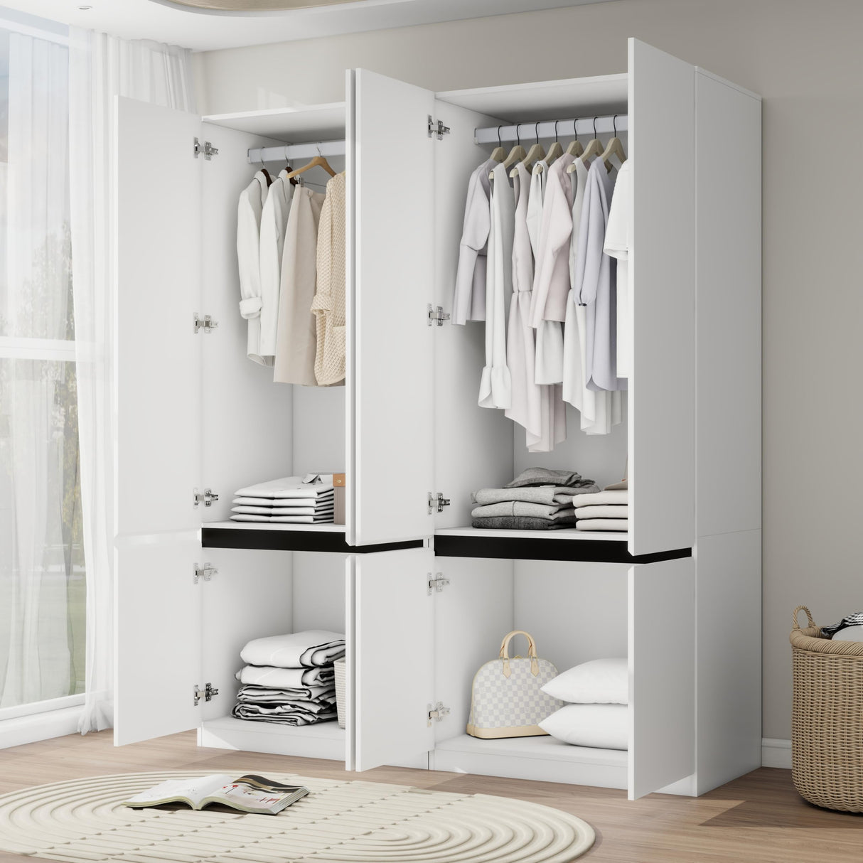 Mhsatyrs Armoire Wardrobe Closet with Doors: 75" White Large Wardrobe Closet with 4 Doors, Clothes Cabinets for Bedroom Armoires with Storage, Wood Wardrobes Closets for Hanging Clothes (C+C, 63") Mhsatyrs