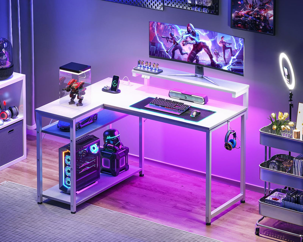 MOTPK White L Shaped Gaming Desk with Power Outlet, Reversible Computer Desk with Height Adjustable Monitor Stand, Coner Desk 43inch with LED Lights, Home Office Desk MOTPK