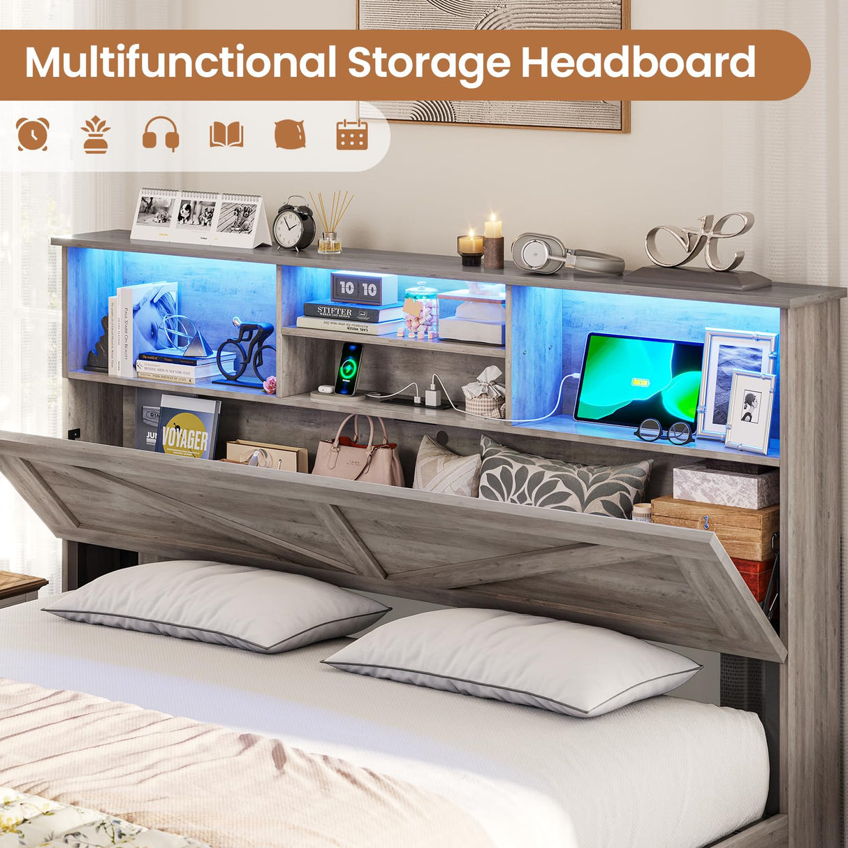 VIAGDO Farmhouse Bed Frame Queen Size with Bookcase Storage Headboard, Charging Station and LED Lights, Wooden Queen Bed Frame with 4 Drawers, Barn Door Design, No Box Spring Needed, No Noise, Grey VIAGDO