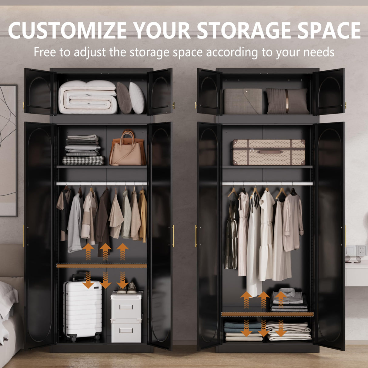 Polup Metal Armoire Wardrobe Closet, 86 Inch Tall Freestanding Wardrobe Cabinet with Hanging Rod, Bedroom Armoires with Doors, 18" D x 32" W x 86" H, Black, Assemble Required, Shipped in Two Packages Polup