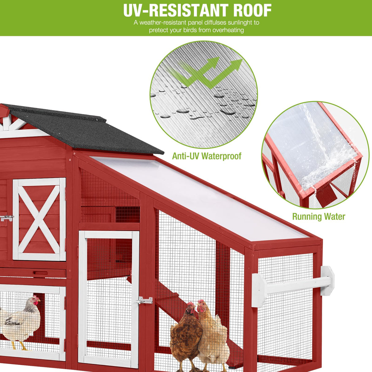 GUTINNEEN Chicken Coop Mobile Hen House with Nesting Box Outdoor Rabbit Hutch Poultry Cage 73.4" with Wheel for 2-4 Chickens, Red GUTINNEEN