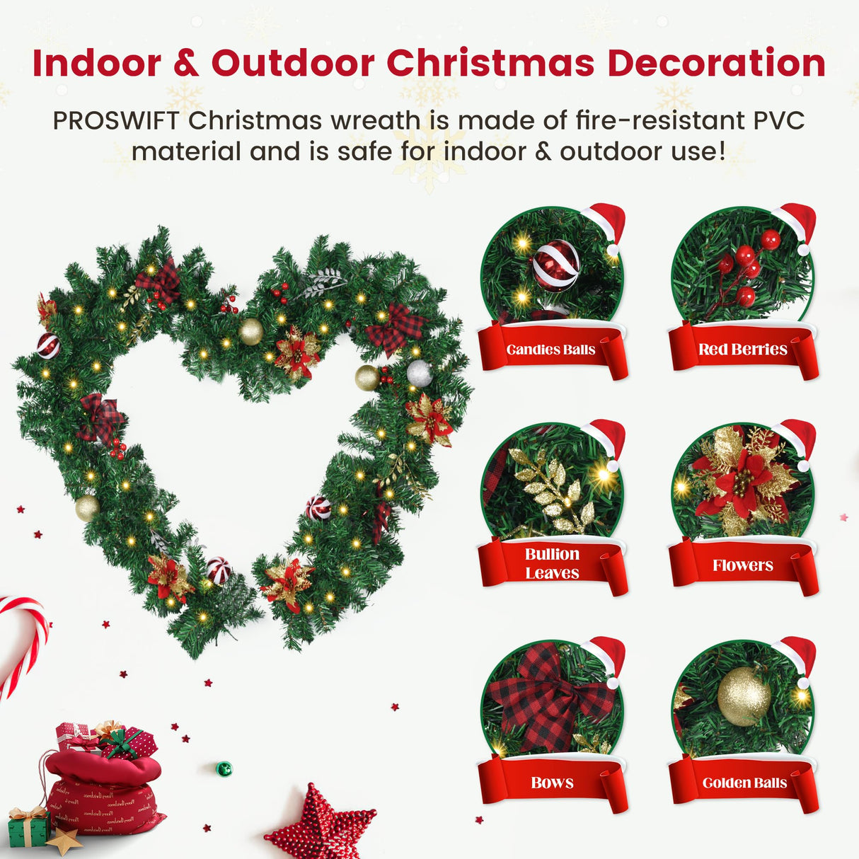 9FT Christmas Garland with Lights, Pre-Lit Garlands for Christmas Decoration with 60 LED Lights, Berries, Bows, Ball, Flower, Leaves, Battery Operated Indoor & Outdoor Christmas Decor PROSWIFT