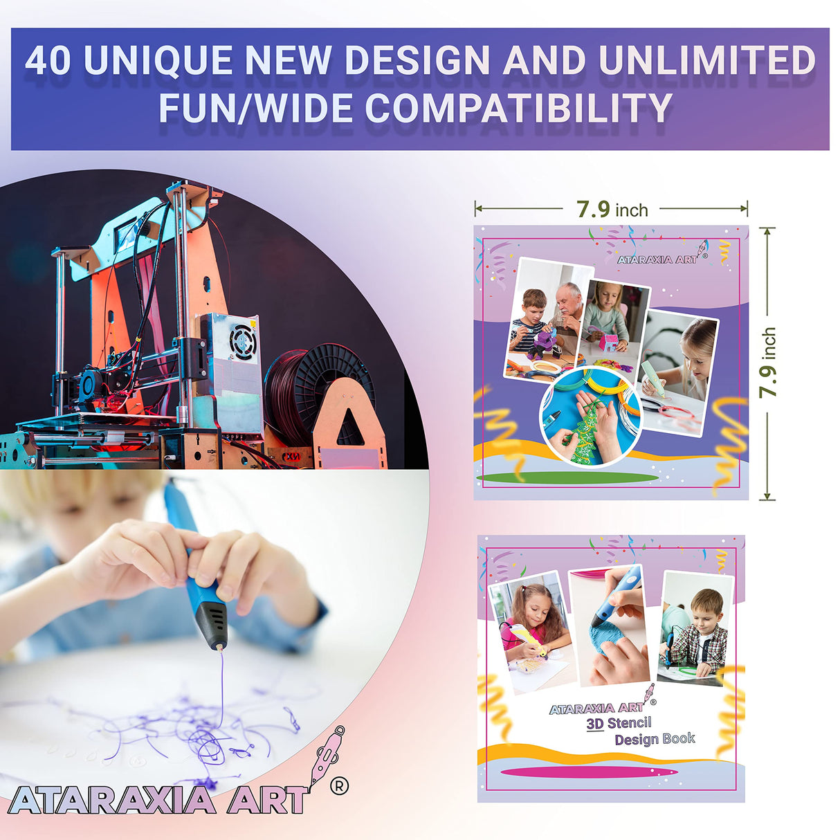 ATARAXIA ART 3D Stencil Book 40 Patterns, Drawing Molds Design Paper for 3D Pen, Reusable Colorful 20 Sheets 40 Pattern, Clear Pad & 2 Finger Caps, Painting Graffiti Template for 3DPen Kids DIY Gifts ATARAXIA ART