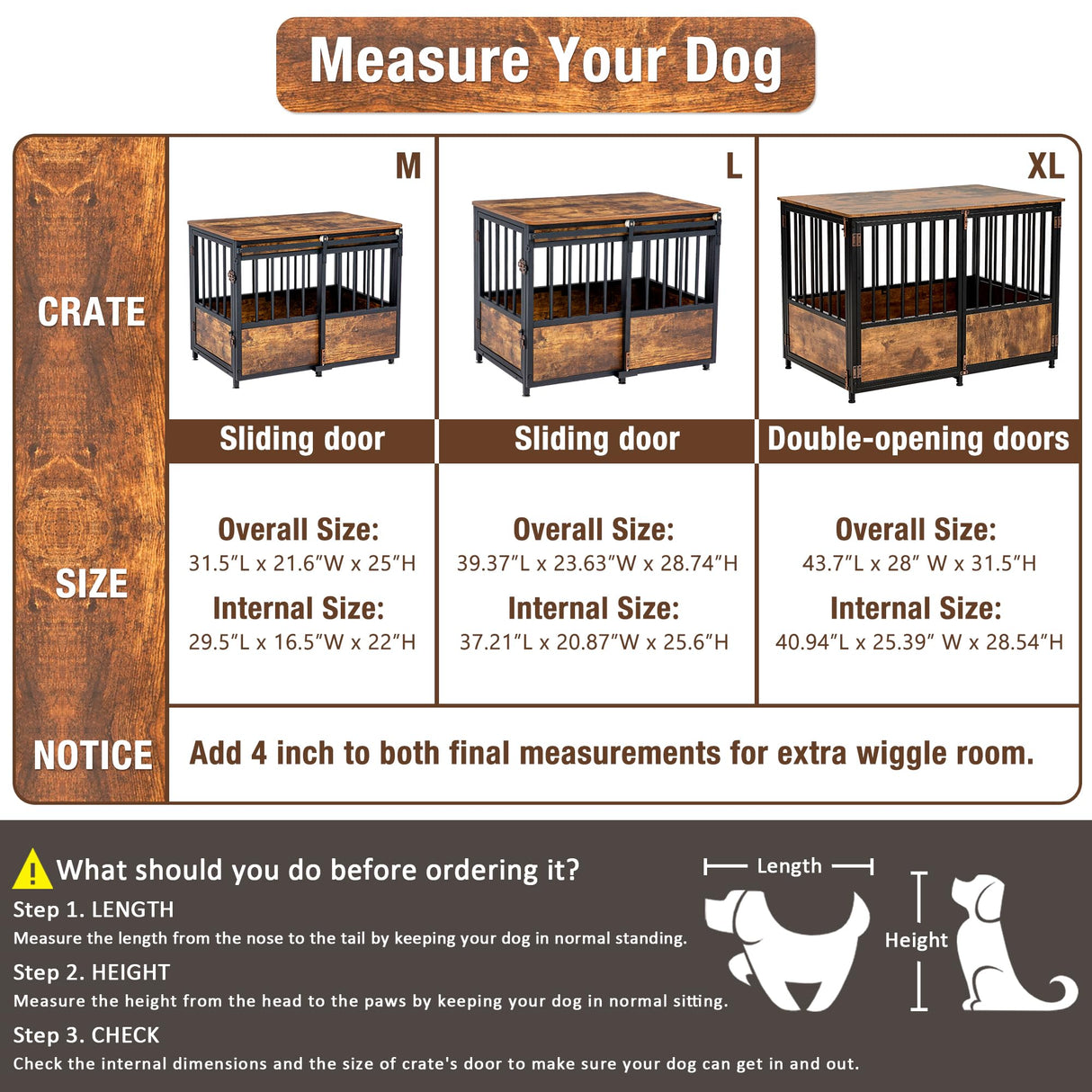 KOOPRO 43.7" Inch Dog Crate Furniture with Cushion for Large Dogs, Wooden Heavy Duty Dog Kennel with Double Doors Indoor, Decorative Pet House Dog Cage Side End Table, Rustic Brown KOOPRO