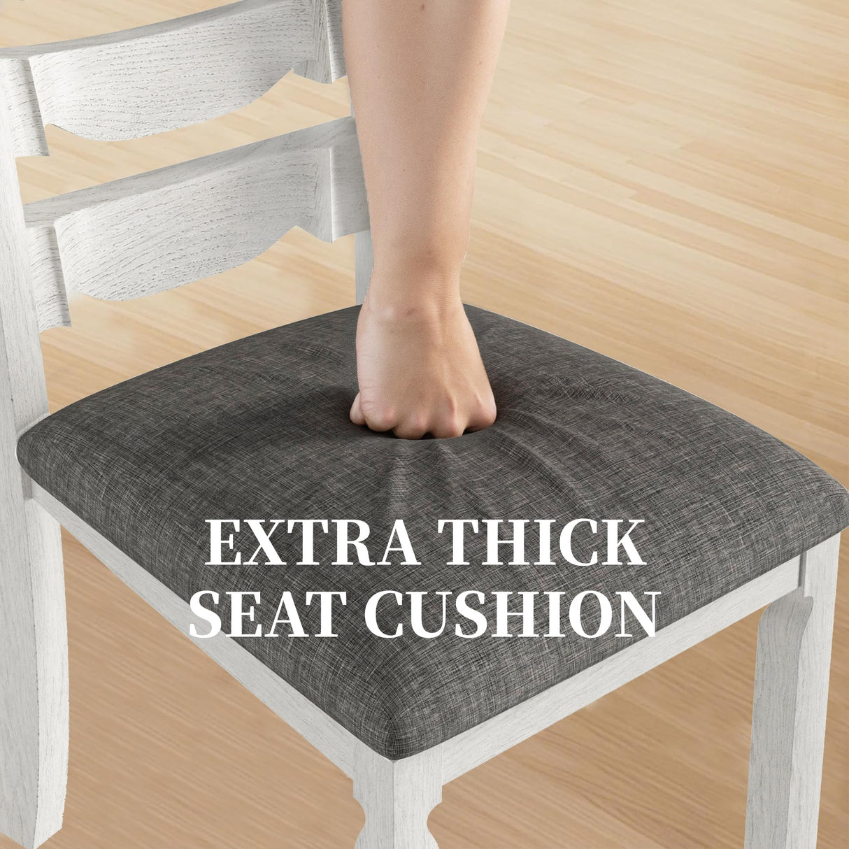 Peatuk 7-Piece Solid Wood Dining Table Set with 6 Upholstered Chairs - Easy Assembly Modern Design for Kitchen & Small Spaces, Durable Wooden Table and Chairs for Dining Room, Kitchen, Light Grey Peatuk