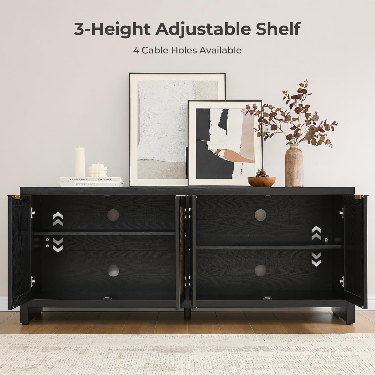 SICOTAS TV Stand for Living Room Boho Entertainment Center for Bedroom with 4 Rattan Cabinets Farmhouse Television Stands with Storage Large Media Console Table for TVs up to 45 50 55 60 65 Inch SICOTAS