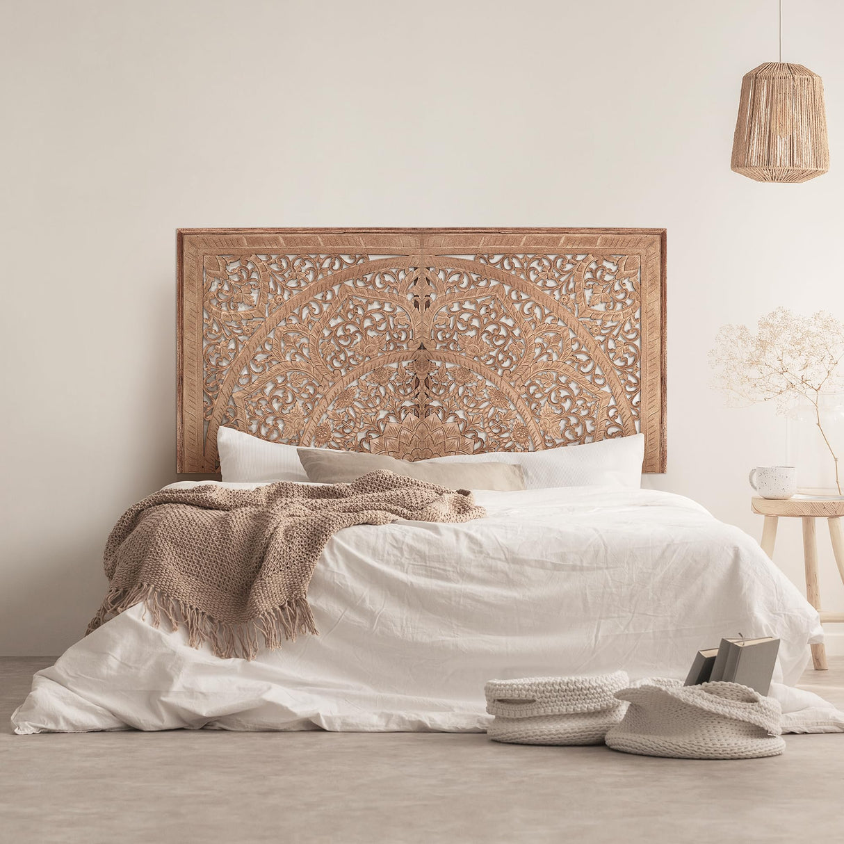 King Wood Headboard | Carved Full Headboard Only | Wooden Headboard Full Size Bed | Wall Mount Headboard King | Full Bed Headboard Panels (Cal King, Sumber, Natural) KultureDeco