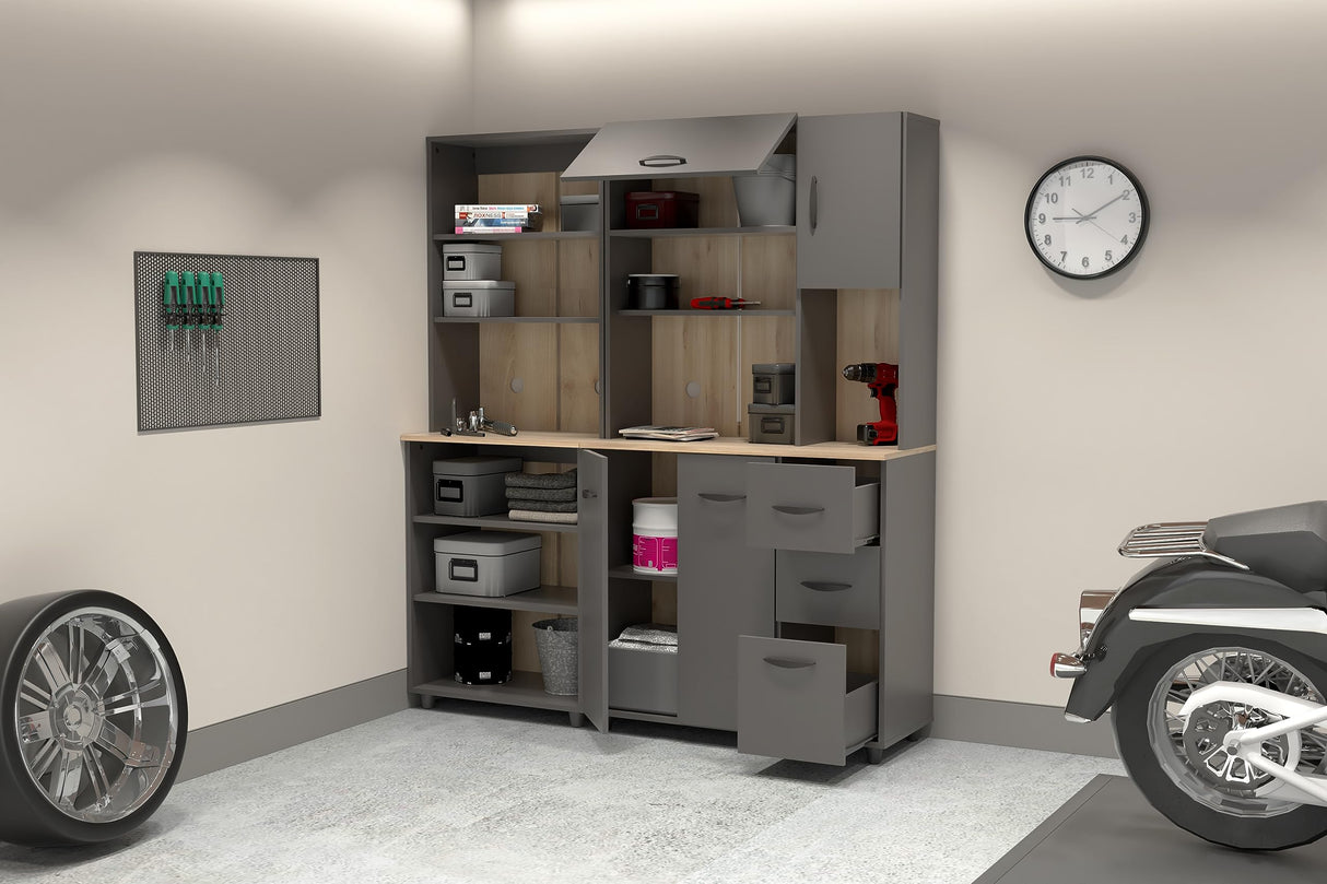 Inval Proforte 2-Piece Garage Storage Cabinet Set with 1 Large Cabinet, 3-Drawer Cabinet, Adjustable Shelves, Dark Gray/Maple Inval