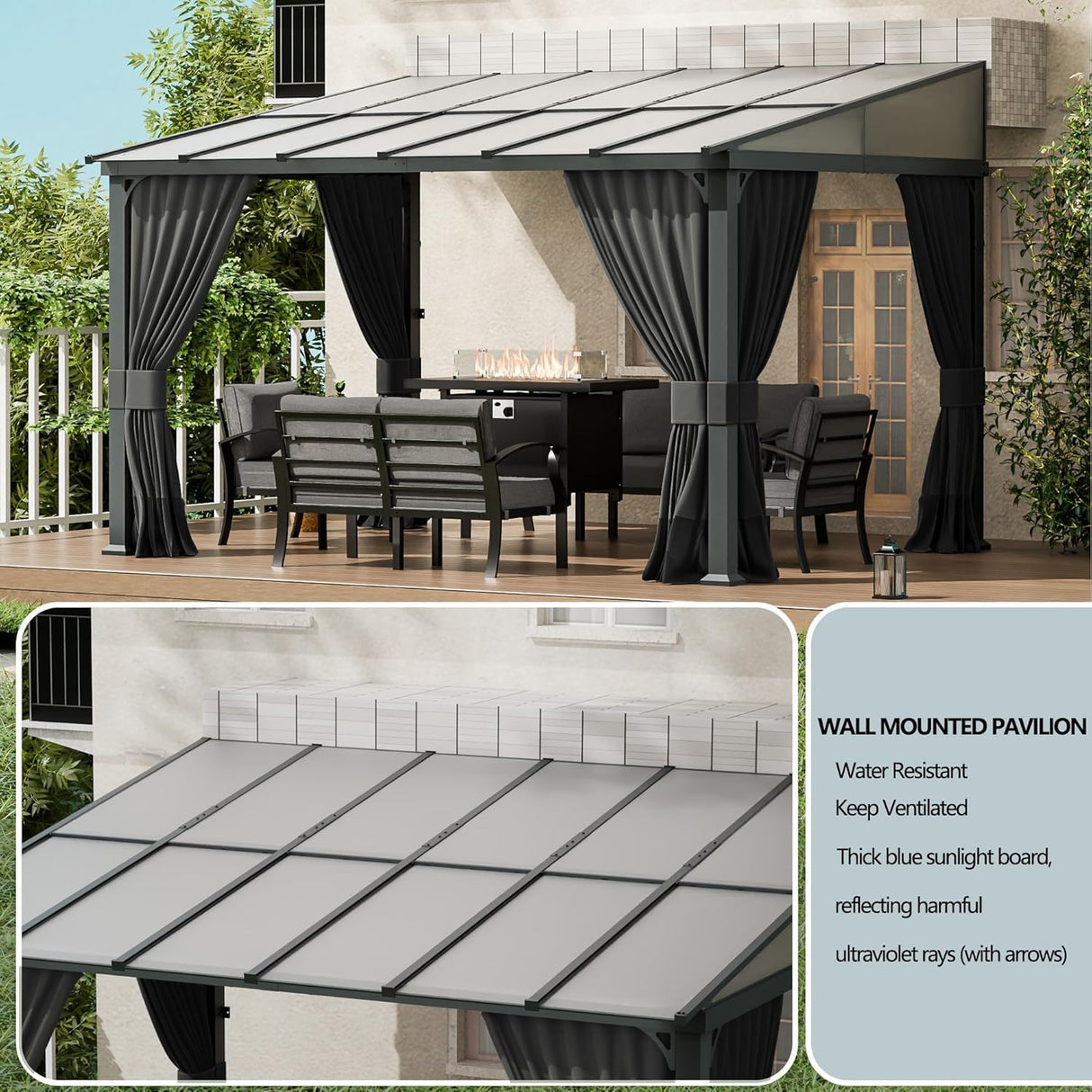 ASJMR Outdoor Lean to Gazebo 10x24FT, Hardtop Wall Mounted Gazebo with Sloping Sun Panel Roof, Awnings for Patio with Metal Frame, Double Curtains for Garden, Lawn, Backyard Deck ASJMR