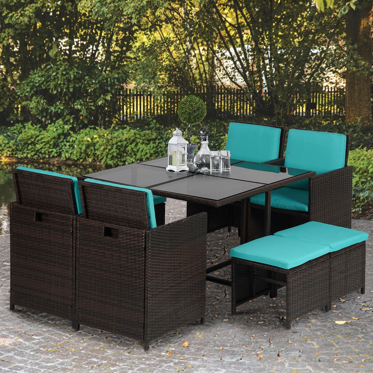 Outdoor Patio Furniture Set 9 Pieces Patio Dining Sets Space Saving Wicker Furniture with 4 Rattan Chairs 4 Ottomans and Glass Table for Outdoor Backyard Porch Poolside Balcony,Khaki Cushion (Blue) PayLessHere