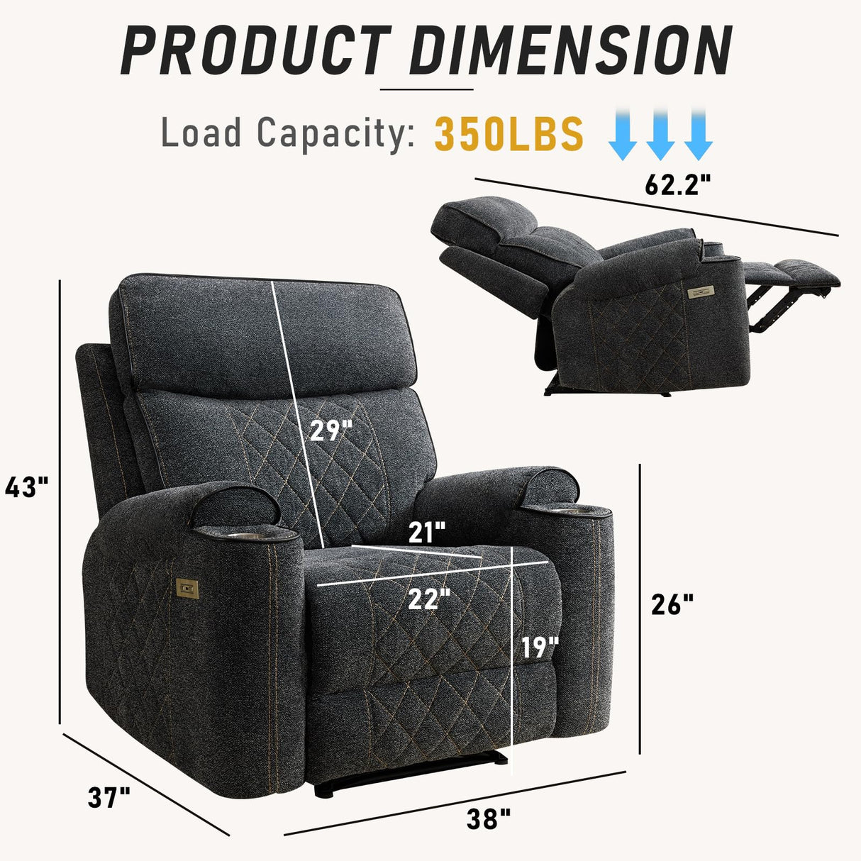 HAOMARKETS Electric Recliner Chair, Soft Fabric Power Recliners with Metal Cup Holders, Single Overstuffed Heavy Duty Reclining Sofa Chairs for Living Room Bedroom, Dark Grey HAOMARKETS