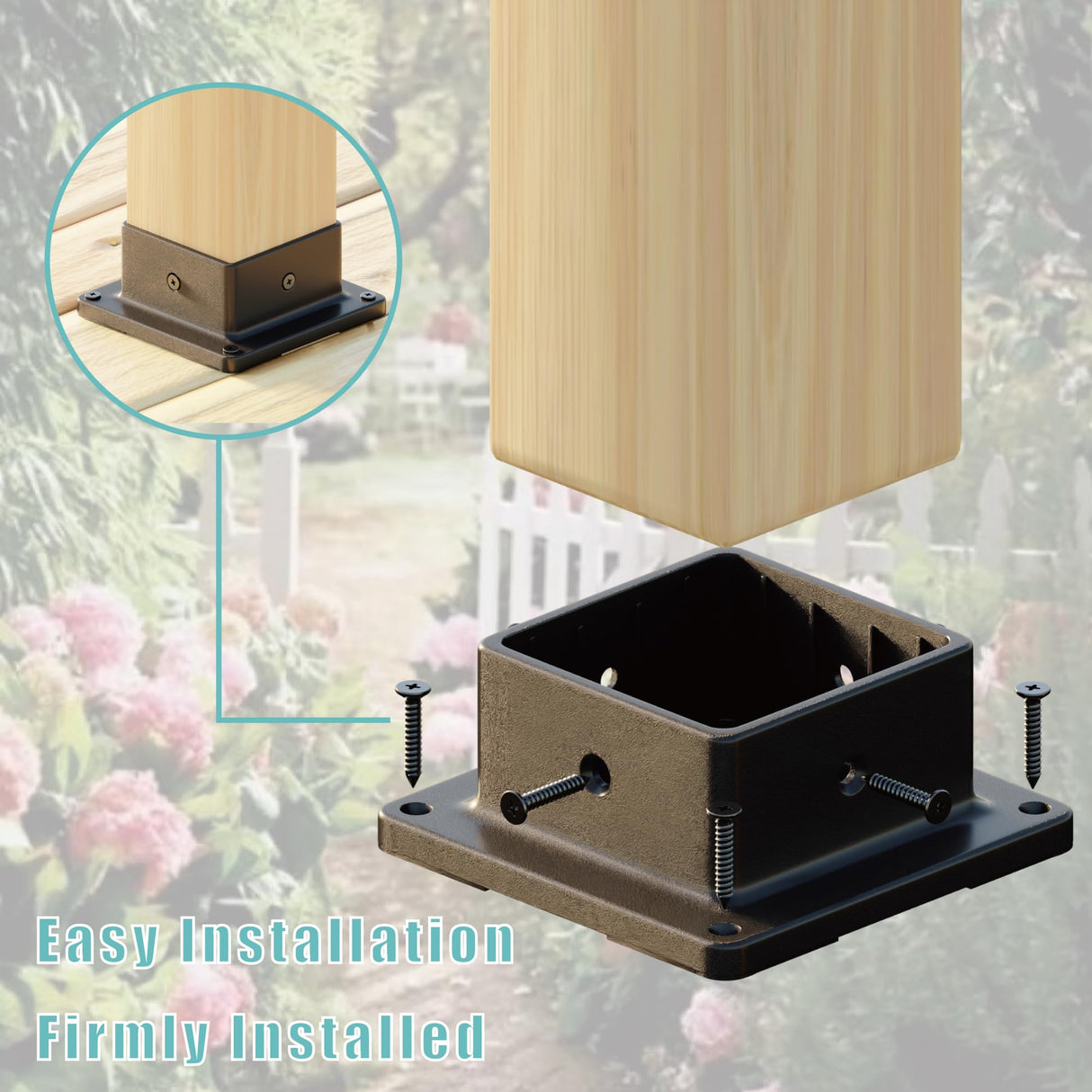 HILLMASTER 4x4 Post Base, 4 Pack Plastic Post Anchor Deck Post Base Support for Outdoor Wooden Fence,Mailbox,Pergola Brackets Fence Kit, Durable Black Bracket Base Cover with Black Powder-Coated HILLMASTER