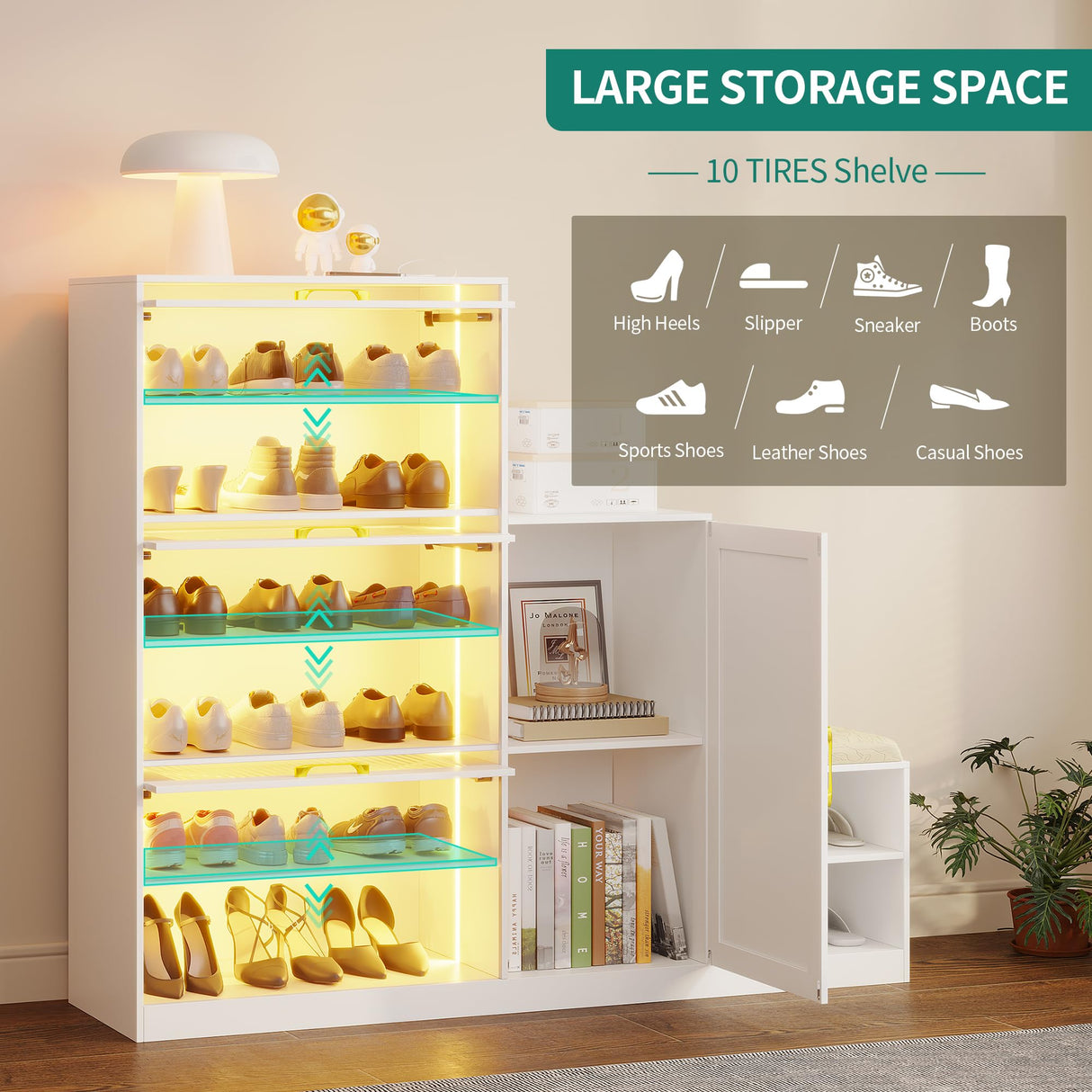 LVSOMT Modern Shoe Storage Cabinet with Shoe Bench, Freestanding Rack with Mirror, LED Light, & Charging Ports, Hidden Organizer, Large Wooden Cabinet for Entryway (White) LVSOMT