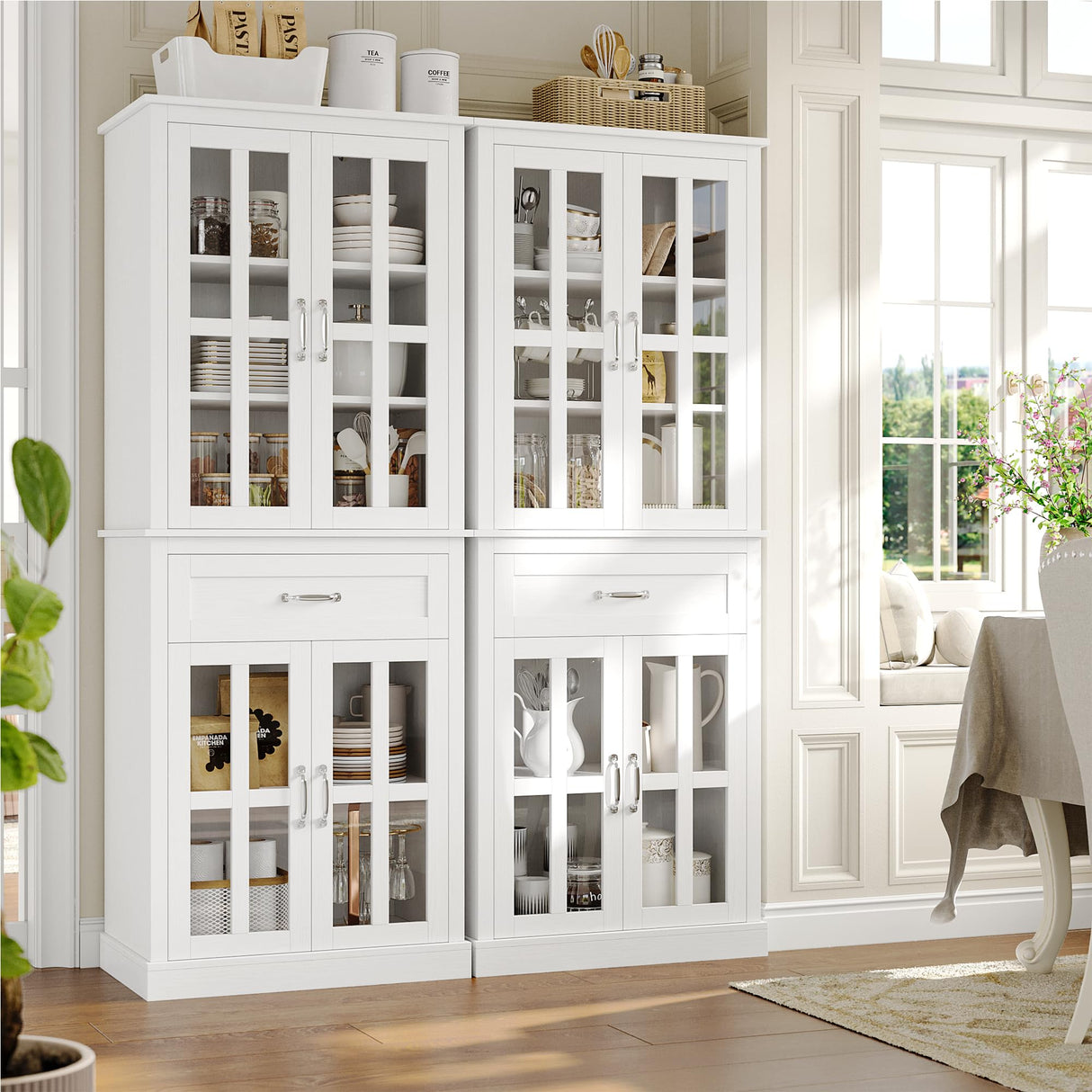 FOTOSOK 71'' Kitchen Pantry Cabinet, Tall Kitchen Cabinet Pantry Cabinet with Glass Doors and Drawer, Freestanding Food Pantry Kitchen Hunch with FOTOSOK