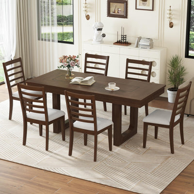 P PURLOVE 7 Piece Extendable Dining Table Set, Wooden Rustic Extendable Table with 18" Move Leaf and 6 Piece Upholstered Chairs for Dining Room, Kitchen (Brown)