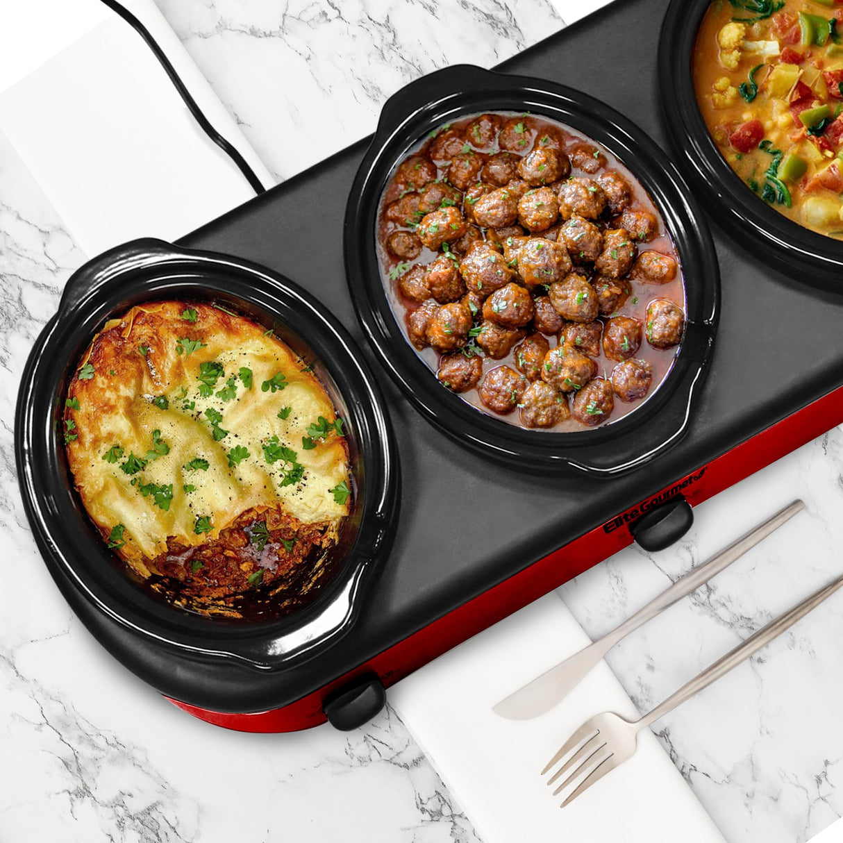 Elite Gourmet EWMST-325R Maxi-Matic Triple Slow Cooker Buffet Server Adjustable Temp Dishwasher-Safe Oval Ceramic Pots, Lid Rests, 3 x 2.5 Qt Capacity, Red Elite Gourmet