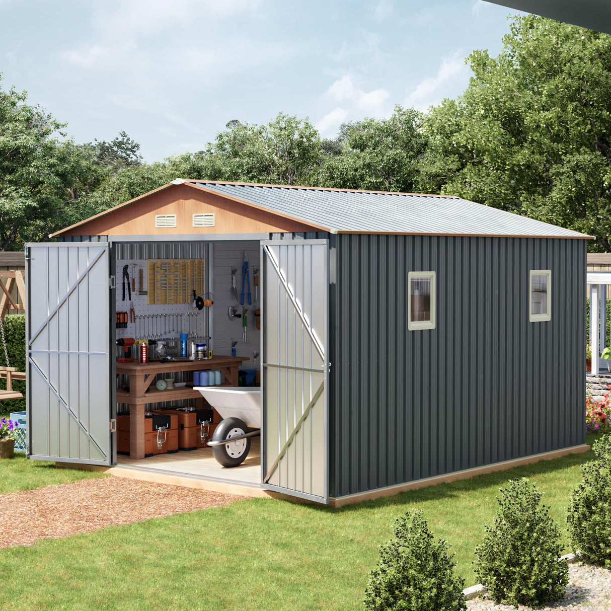 10x12x7.4FT Multi-Used Shed & Outdoor Storage Shed with Lockable Doors, Windows and Vents, Extra Large Metal Tool Shed for Garden, Backyard, Patio, Utility, and Various Storage Shed(Matte Gray) Verdeluxe