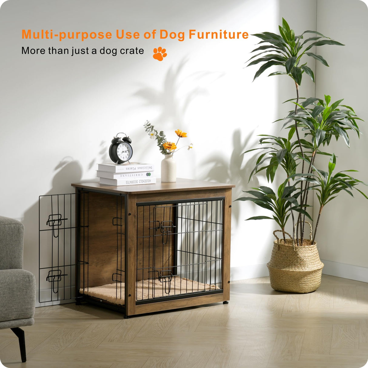 DWANTON Dog Crate Furniture with Cushion, Wooden Dog Crate with Double Doors, Dog Furniture, Dog Kennel Indoor for Small/Medium/Large Dog,End Table, Small, 27.2" L, Warm Brown Dwanton