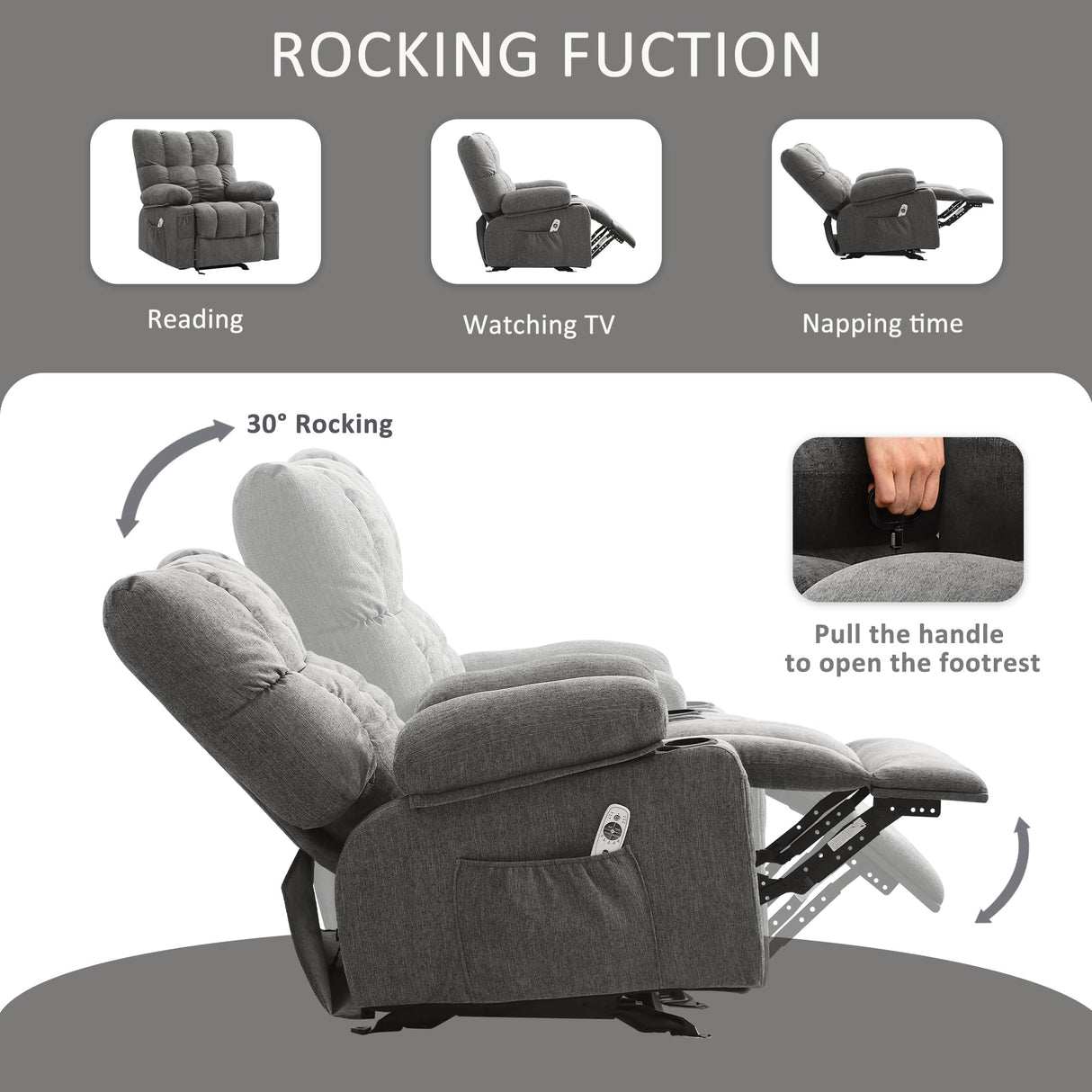 Massage Recliner Chair for Adults with Lumbar Heating Rocker Recliners with 2 Cup Holders and USB Charge Port for Living Room KWKSV