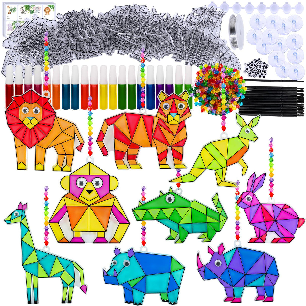 Winlyn 24 Sets Jungle Animal Suncatcher Decorations DIY Window Paint Art Craft Kits Safari Animal Sun Catchers Rainbow Painting Kit for Kids Classroom Activities Summer Camping VBS Party Art Project Winlyn