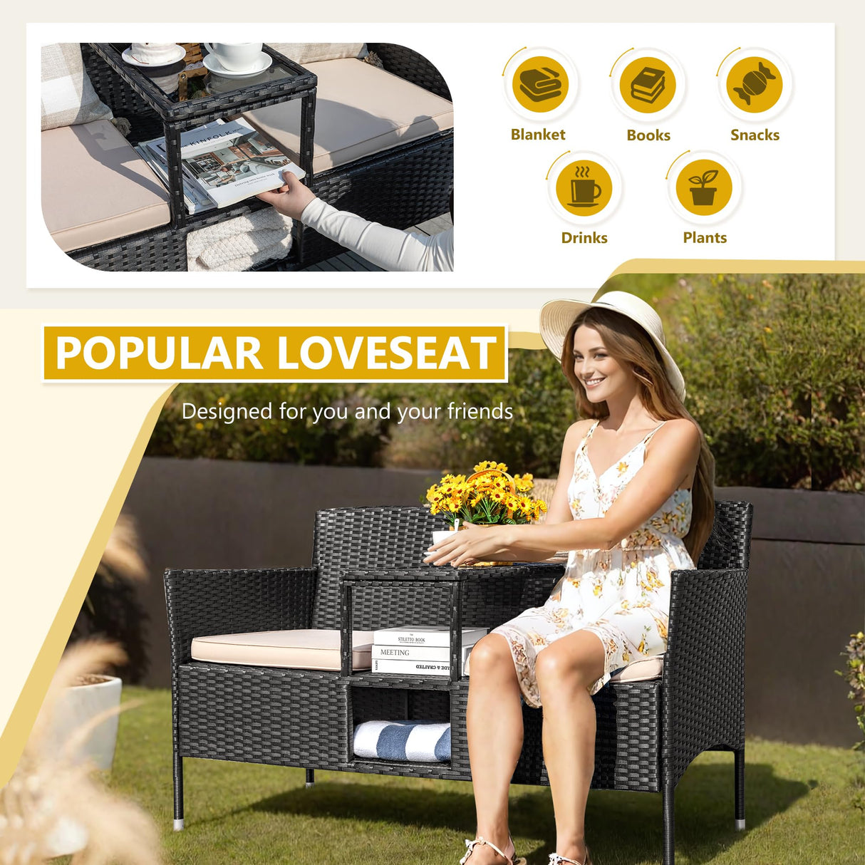 Devoko Outdoor Patio Loveseat Modern Rattan 2-Seat Patio Conversation Set with Cushions & Built-in Coffee Table Porch Furniture for Garden Lawn Backyard (Beige) Devoko