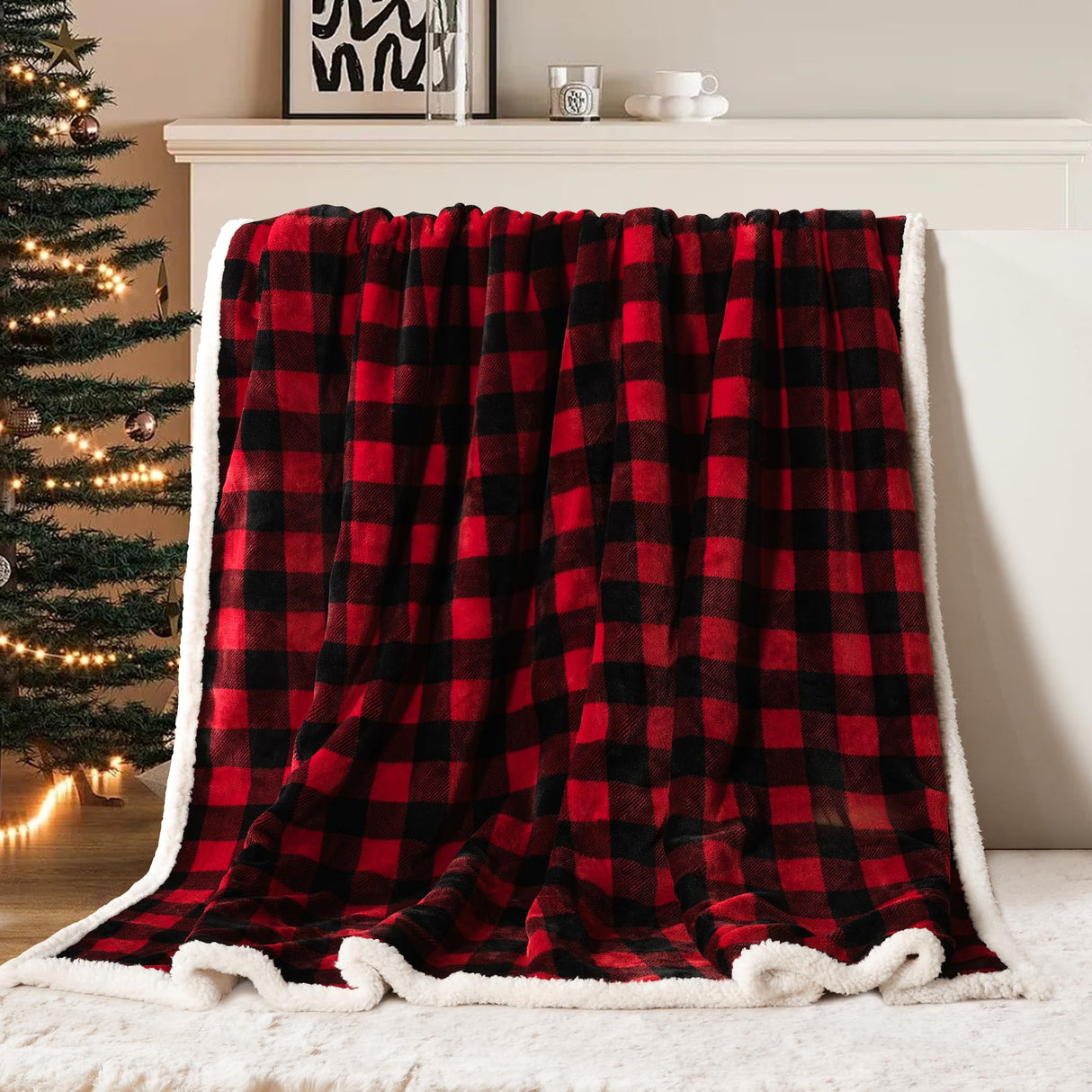 BEAUTEX Christmas Sherpa Fleece Throw Blanket, Super Soft Warm Buffalo Plaid Plush Blankets and Throws, Warm Winter Cozy Fuzzy Blanket for Couch Sofa Bed (Red, 50" x 60") BEAUTEX