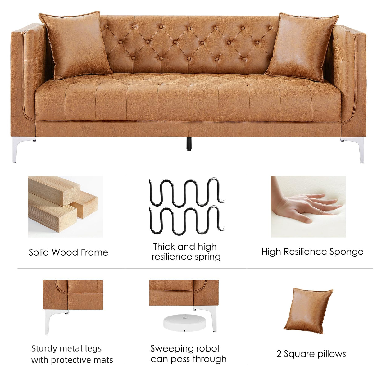 HIFIT 79'' Modern Sofa Couches for Living Room, 3 Seater Sofa with Deep Seats and 2 Pillows, Handmade Button Tufted Leather Couch for Apartment | Office 79''W x 30''D x 30''H, Brown HIFIT