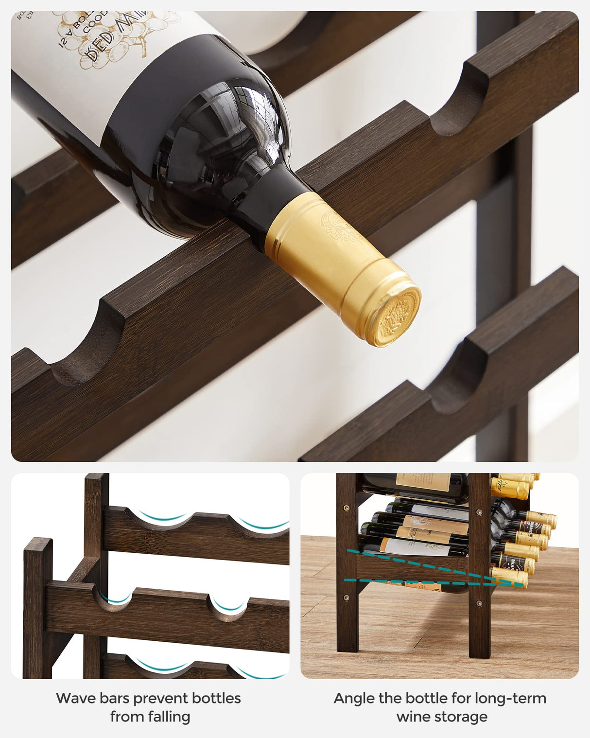 SONGMICS 30-Bottle Wine Rack, 5-Tier Freestanding Floor Bamboo Wine Holder, Display Stand Shelves, Wave Bars, Walnut Color UKWR025D01 SONGMICS