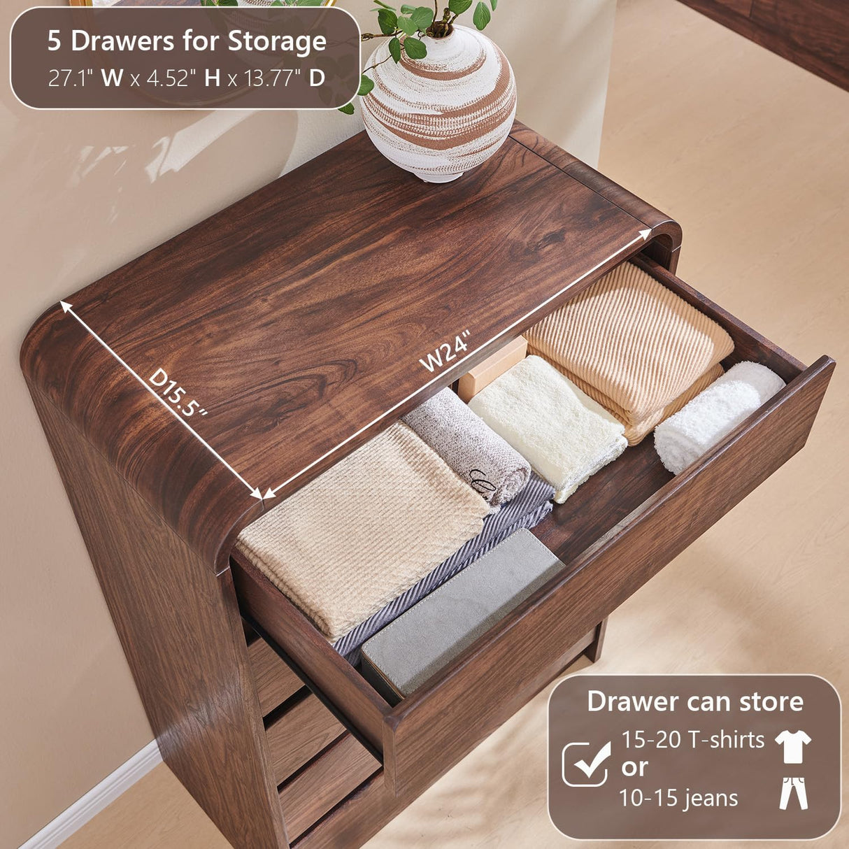 Aitjunz Modern 5 Drawers Dresser for Bedroom, 45" Tall Dressers & Chests of Drawers w/Curved Profile Design, Wood Mid Century Vertical Dresser w/Natural Texture for Bedroom, Living Room, Brown Aitjunz