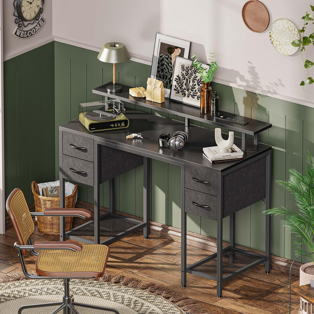 Huuger 47 inch Computer Desk with 4 Drawers, Gaming Desk with LED Lights & Power Outlets, Home Office Desk with Large Storage Space for Bedroom, Work from Home, Black Huuger