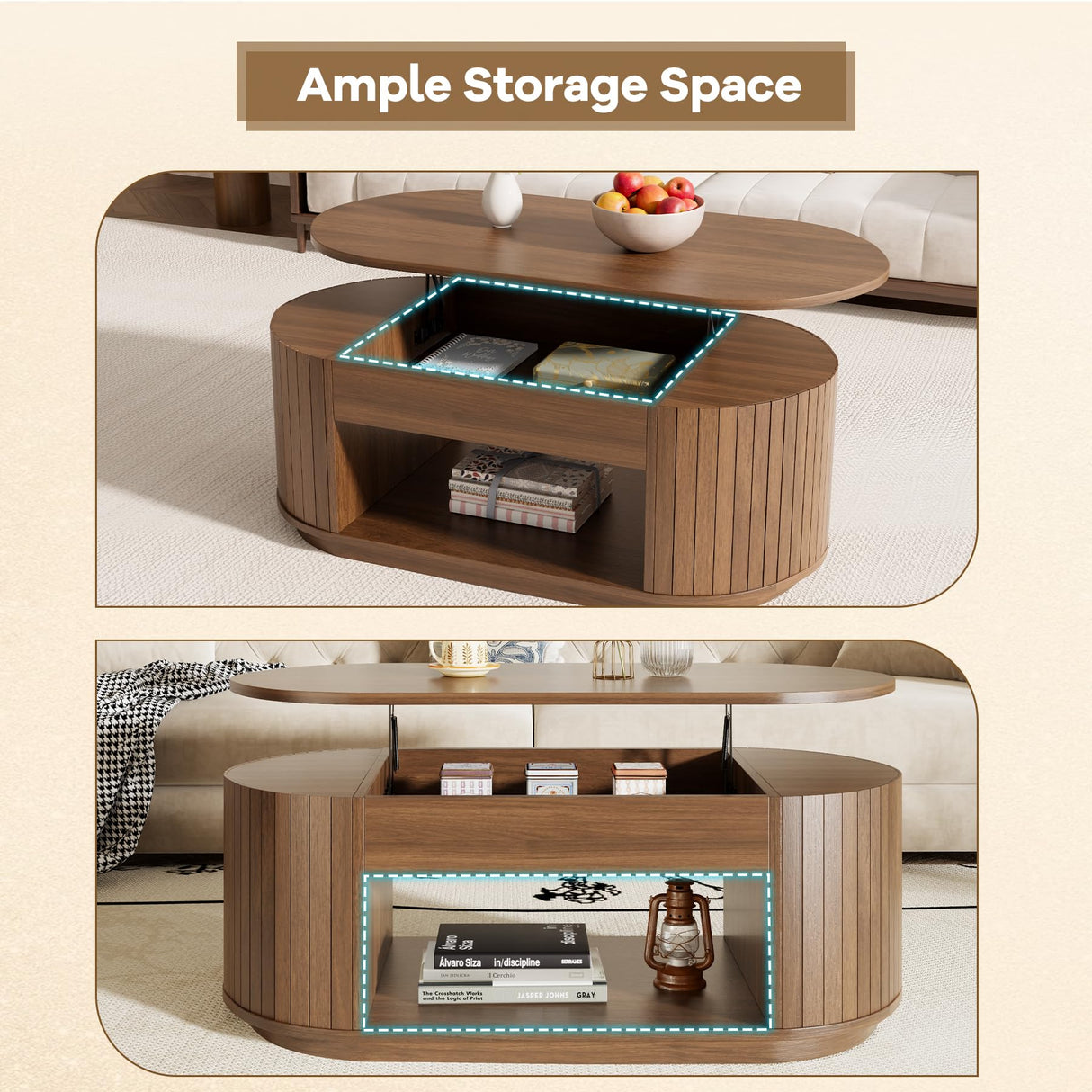 Lift Top Coffee Table, Oval Fluted Coffee Table with Storage for Living Room, Mid Century Modern Wooden Center Tables with 2 Tier Shelf, 43 Inch Tea Table Hidden Compartment for Home Office, Walnut Epecoya