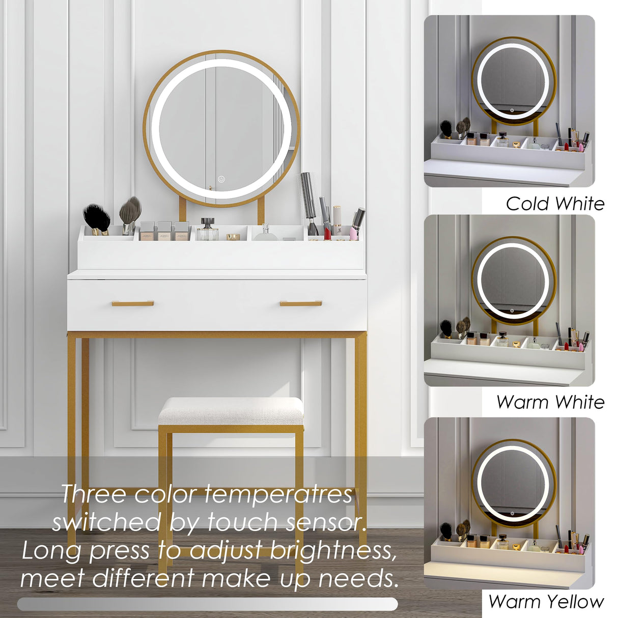 UTEX Makeup Vanity Desk with Mirror and Lights, Makeup Vanity Set with Drawers, Small Makeup Vanity Table, 3 Lighting Modes Dresser Desk and Cushioned Stool Set for Bedroom White and Gold UTEX