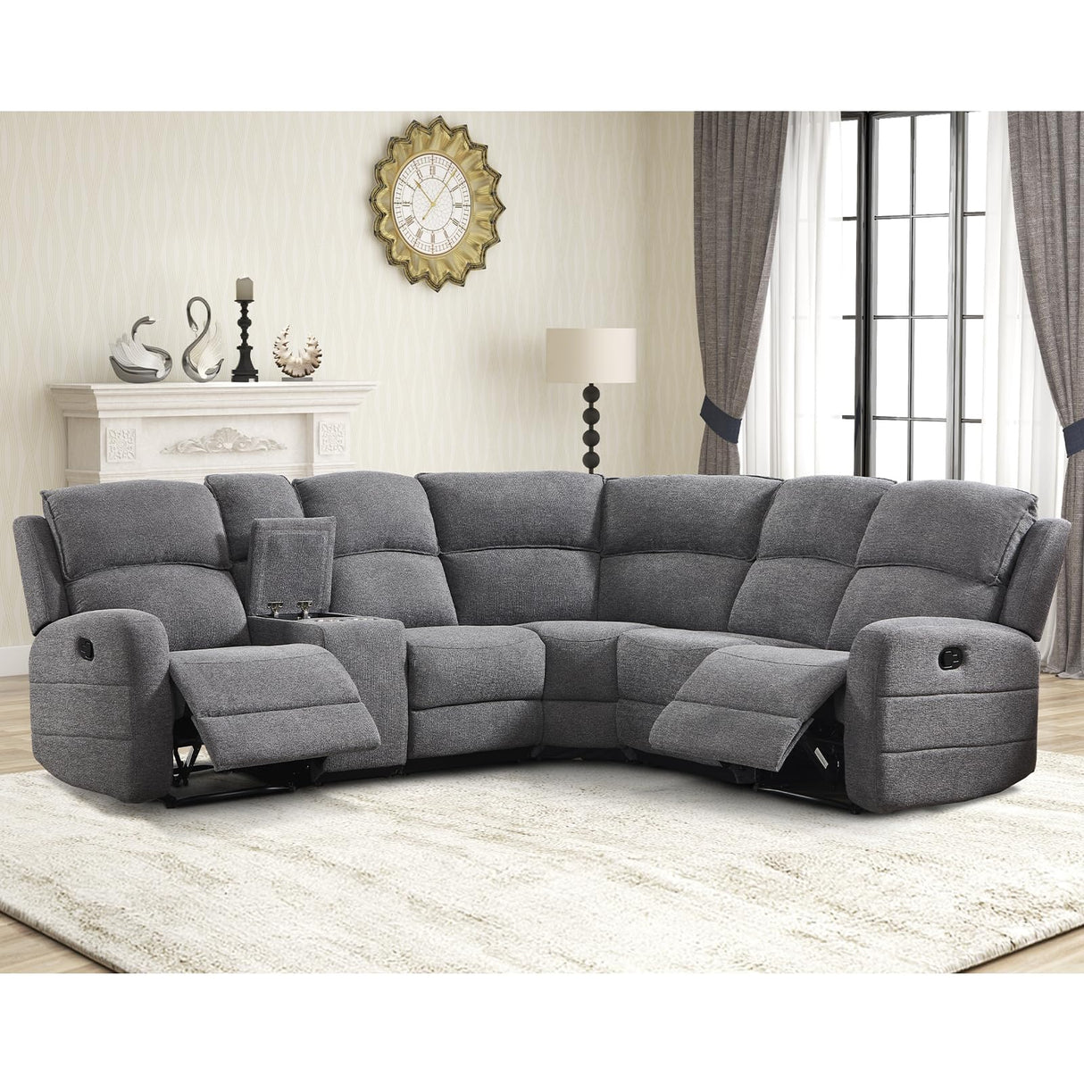 EBELLO Fabric L-Shaped Reclining Sectional Sofa Couch for Living Room, Manual Recliner Oversized Sofa, with Padded Headrest, 2 Cup Holders, Storage Space, 5-Seater Home Furniture Set, Grey EBELLO