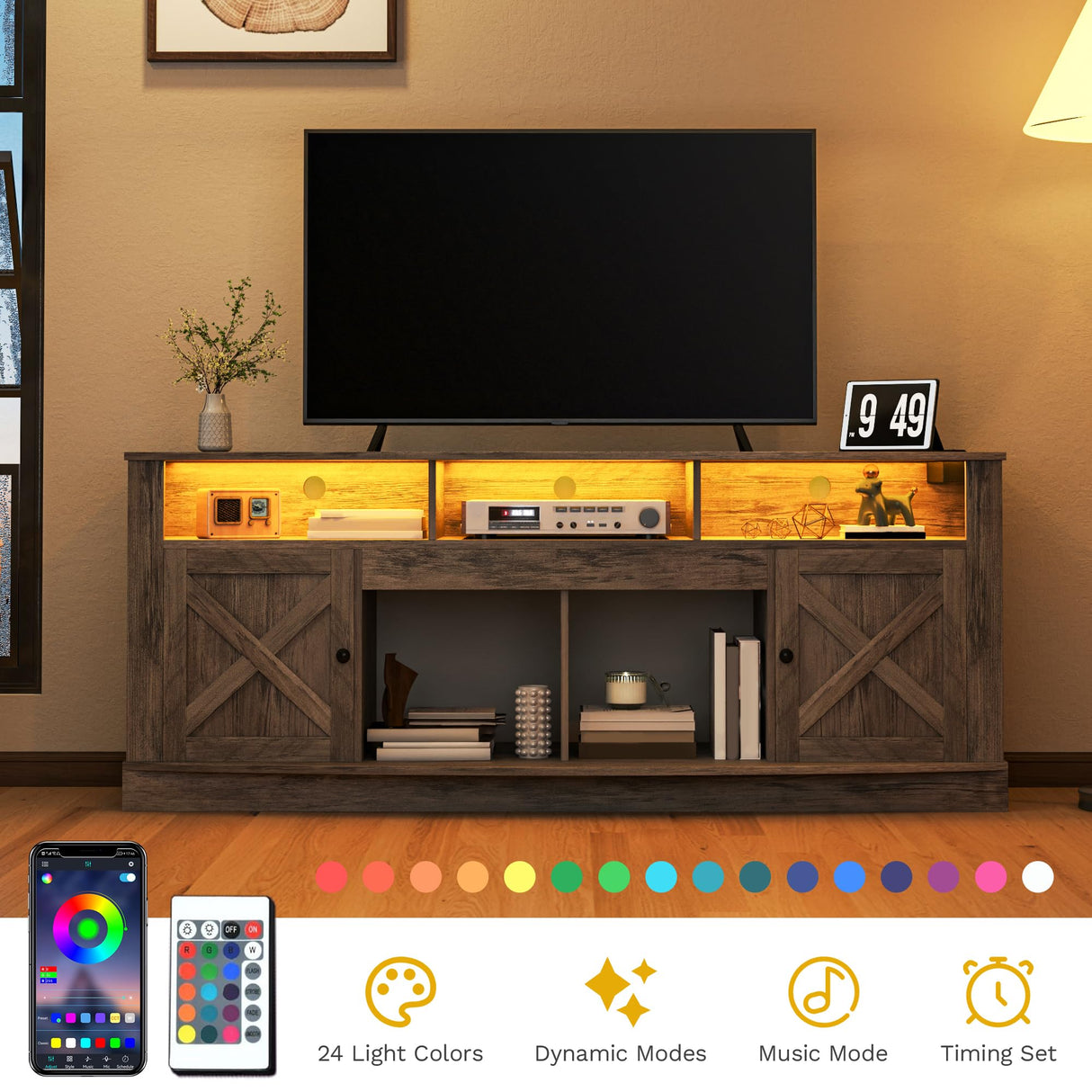 DWVO TV Stand for 75/80 Inch TV, Entertainment Center, LED Light Media Console, TV Cabinet with Barn Doors and Power Outlet for Living Room, Washed Grey DWVO