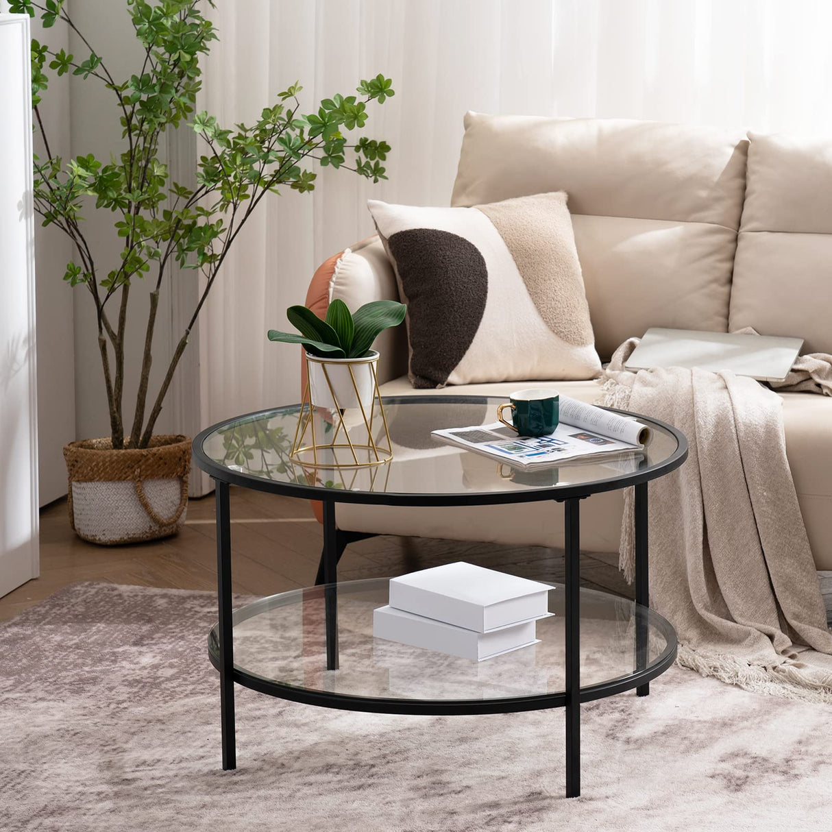 VINGLI Glass Coffee Table,30" Round Coffee Table Black Coffee Tables for Living Room, 2-Tier Clear Glass Top Side Table with Storage. Simple & Modern Center Table Mesa de Centro para Sala VINGLI