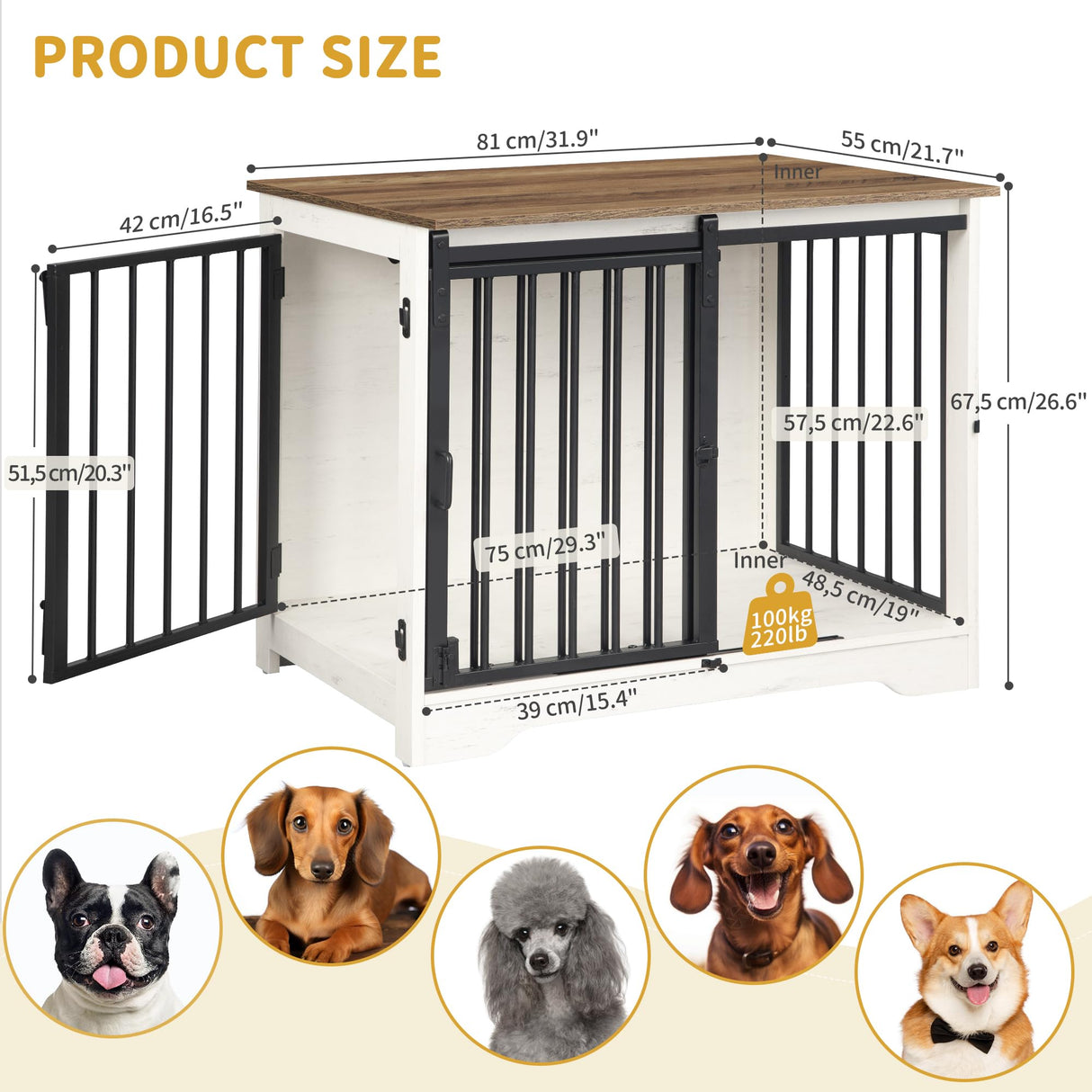 Hzuaneri Dog Crate Furniture, 32" Double Door Dog Crate with Barn Door, Dog Kennel Indoor, End Side Table Wooden Dog Crate for Small Medium Large Dog, Anti-Chew Anti-Escape, White Brown Hzuaneri