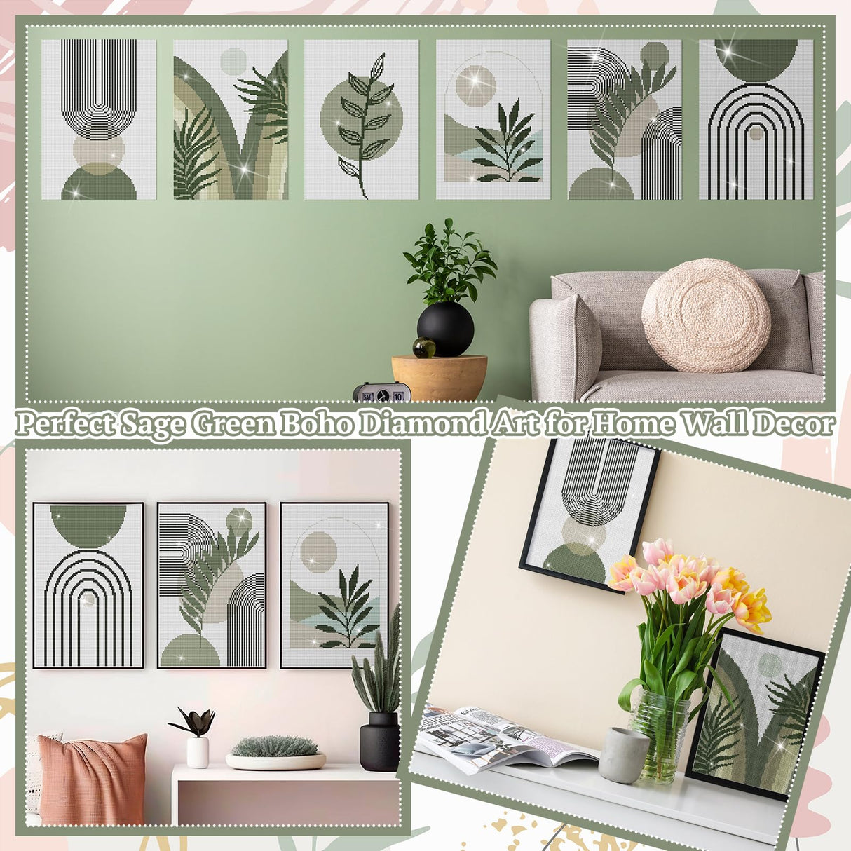 Trandraft 6 Pcs Diamond Art Paintings Kits 12 x 16 Inches Sage Green Boho Diamond Wall Art Accessories Abstract 5D DIY Crafts for Adults Home Wall Decoration Trandraft