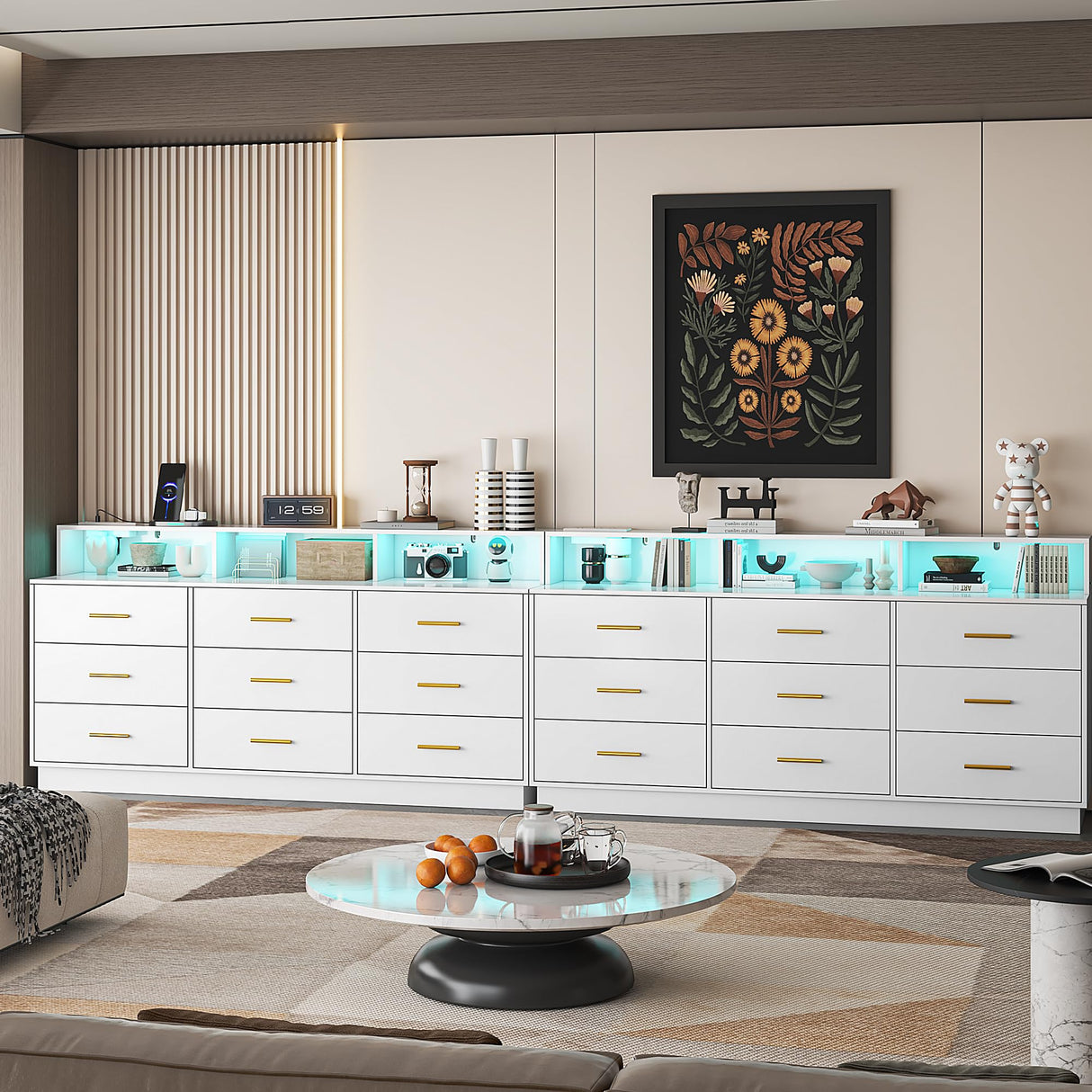 UNIQUITE White 9 Drawer Dressers for Bedroom, Modern Large Dresser with LED Light and Power Outlet, Wooden Long Dresser for Bedroom, Entryway, Living Room UNIQUITE